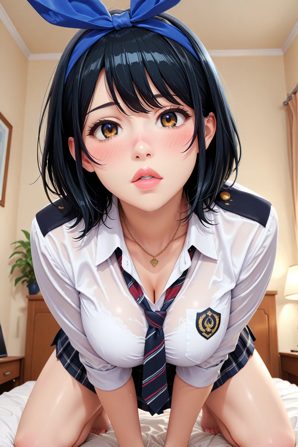 anime, estilo anime de mujer realista, (aegyo sal: 1), 18 years old girl, (blazer gris, cinta, minifalda plegada, calcetines, uniforme de escuela privada: 1.2), aula de secundaria, hermoso detalle en los ojos, (eye size: 3/4) luz en la cara, ((foto de cuerpo completo: 1.2)), luz especialmente fuerte, (ojos superiores, sonrisa sonriente: 1.2), piel brillante, (((cabello negro, cabello bob: 1.2))), (muslos gruesos), ulzzang-6500-v1.1: 0.2, bashful, (flash: 1.2), NSFW , (hinchado), ((postura seductora: 1.2, atractivo: 1.2)), (inactivo), (sentado en un escritorio en el aula: 1.2)), ((good anatomy: 1.2)), ((aula brillante y refrescante, fondo borroso: 1.2)), cara perfecta, cara linda y simetrica, (High Angle Shot: 1.2)s., Natural side lighting, ((8k, fotos RAW, calidad superior, obras maestras), High Definition RAW color photos professional close-up photos, (realista, fotorrealismo: 1.37), (highest quality), (mejores sombras), (mejores ilustraciones), Clavicles ((grandes)), ((erotic, sexy, ultra-high-resolution, 8K HD Unified CG Wallpapers, Physical representation, movie lighting), Canon EOS R50 camera 50mm lens