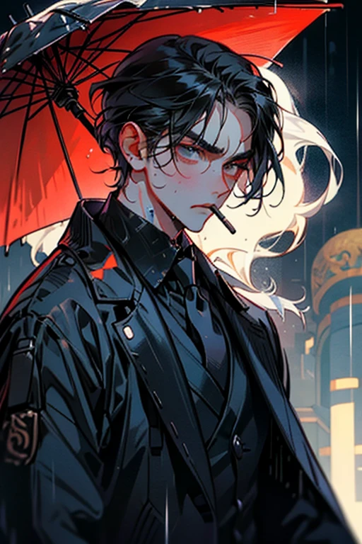A young man in a black military uniform, handsome, 28 years old, black hair, red eyes, smiling, half of his face hidden by a hat, smoking a cigarette, dark lighting, like a movie scene, with a blurred effect, in the rain, skyscrapers, getting wet, best quality, 8k, ultra-detailed, masterpiece