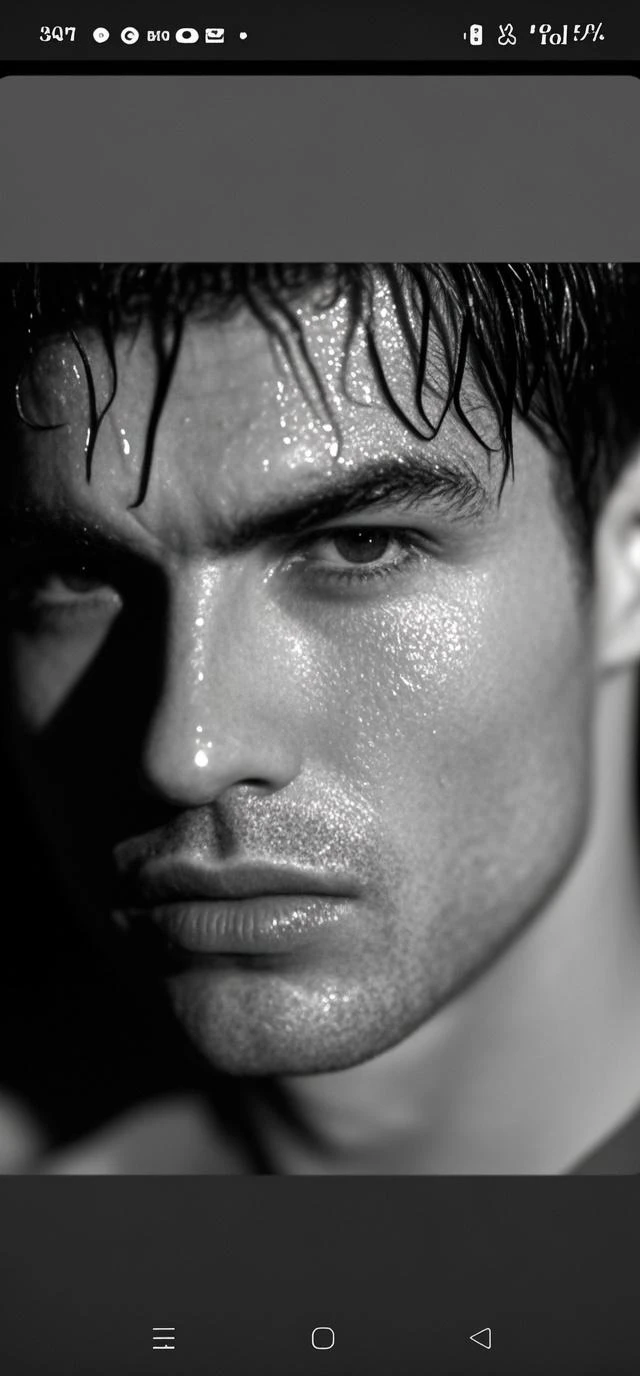 vogue photography，Handsome and strong Brazilian male model standing in glass bathroom shower,Sweaty, Water droplets from the shower head fall from above, ssmile, waistup, back muscles, glute,Side face, Eyes look into the distance, Tie-up long black curly hair,little beard, Healthy complexion, Strong, big shadows，Strong chiaroscuro，Handsome muscular male model, editorial model, very very roberto ferri, steven klein, underwear ad, Strong mature male, inspired by Adrian Zingg, alex kanevsky, Danila Tkachenko, Melt Arras and Marcus Pigot, Open V chest clothes, vman magazine, Healthy skin and roughness