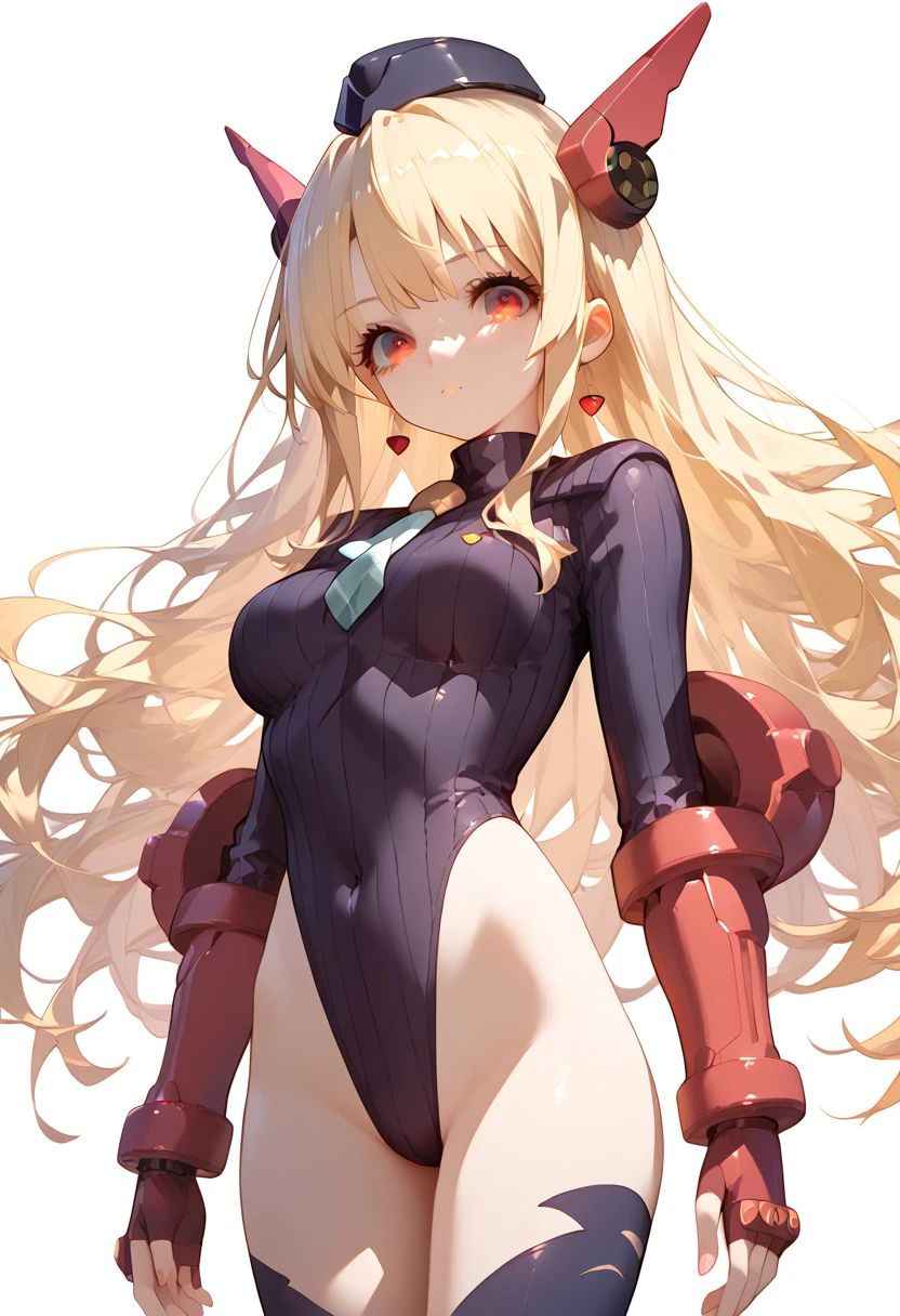 1girl, bare shoulders, black thighhighs, blonde hair, medium breasts, cowboy shot, fake animal ears, fur collar, hair ornament, jingle bell, light smile, long hair, paw pose, red eyes, ribbon, masterpiece, best quality, leotard,