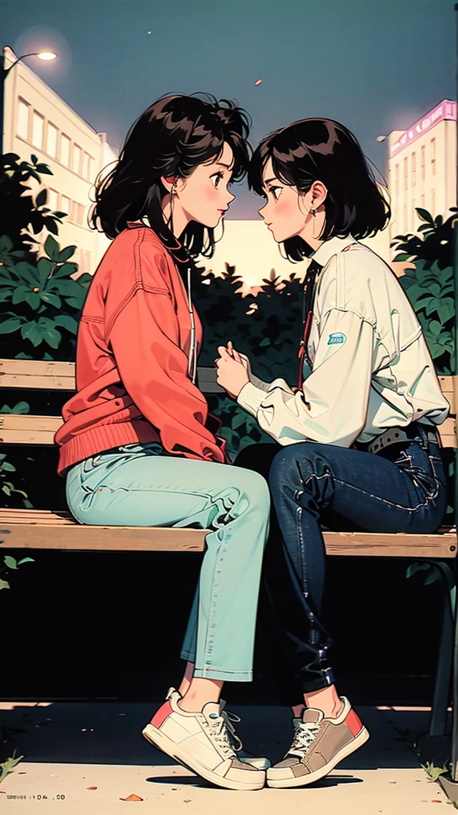 ((Highest quality, masterpiece, freak, Super Resolution)), 2People Girls、Black hair ponytail、Big ribbon、Sitting on the steps in front of the station、 (Spread your legs)blush、from the front、(Blue denim tight mini skirt、Ultra mini skirt)、light blue lace panties、 loose socks、sneakers、Sticking out tongue、kiss