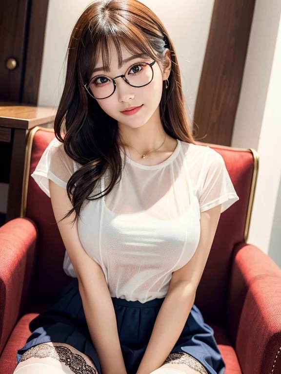 A gorgeous and distant girl,having a ponytail,wearing casual shirt and hot pants,thick thighs,fleshy thighs,revealing her thighs,big natural breasts,huge round breasts,busty young girl,supermodel figure,perfect body,teen,wearing glasses,sitting on the podium
