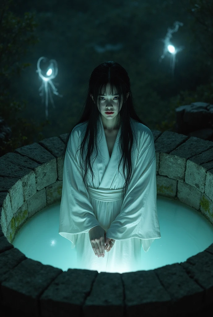 "A striking and dramatic vertical image of the ghost of Okiku, a famous Japanese female spirit. She is depicted emerging from an old, moss-covered well at night. Okiku has long, flowing black hair, pale, ghostly skin, and a beautiful yet haunting expression. Her traditional white kimono is pristine and elegant. The scene is illuminated by a full moon, casting eerie shadows, and surrounded by a misty, dark forest with twisted trees. The atmosphere is chilling and filled with a sense of lingering sadness and vengeance, with vibrant and vivid details."