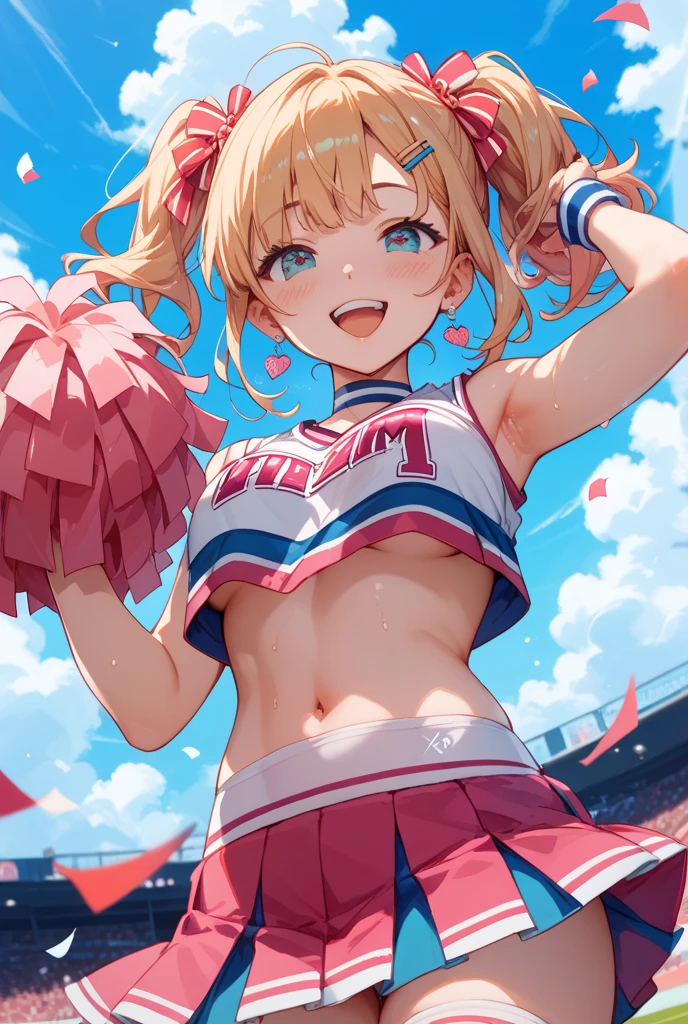 masterpiece, best quality, highres, aamika, ponytail, hair bow, <lora:jougasaki_mika_v1:0.7>, cheerleader, pom pom \(cheerleading\), midriff, stadium, sweat