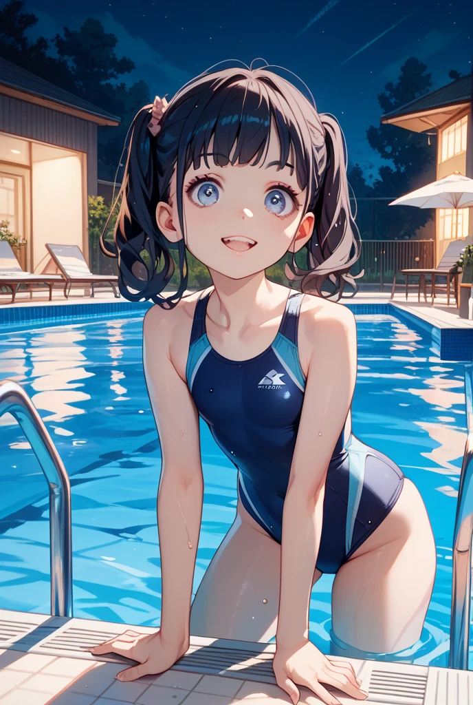 masterpiece，Highest quality，Cute doodles，Hilarious, Honor student, 8-year-old，Low length，Curly Hair, Twin tail hair，Vibrant, inquisitive eyes，freckles，Thick eyebrows，Open Fly，Swim in a simple pool in your garden，Jojo Fashion，Water gun，Wet body，たくさんのsplash，Water Drop，enjoy playing in the water，splash, Sheer one-piece white swimsuit for children,