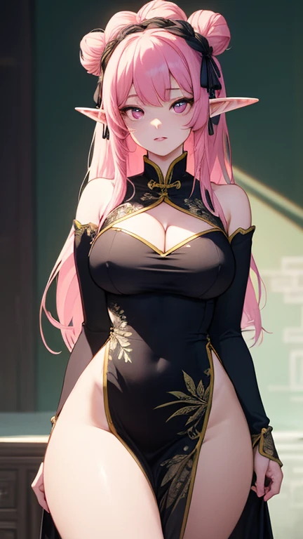 (pornography), extremely detailed, highest detailed, incredibly absurdres, highres, ultra detailed, intricate:1.4, (girl), noble, (highly detailed beautiful face and eyes), pale skin, parfect body, thighs, large breasts, big areola, pink eyes, elf ears, pink hair, long hair, straight hair, long skrt, thin pubic hair, oily skin, cute, bare shoulders, china dress, chinese clothes, short dress, cleavage cutout, sideboob, thighs