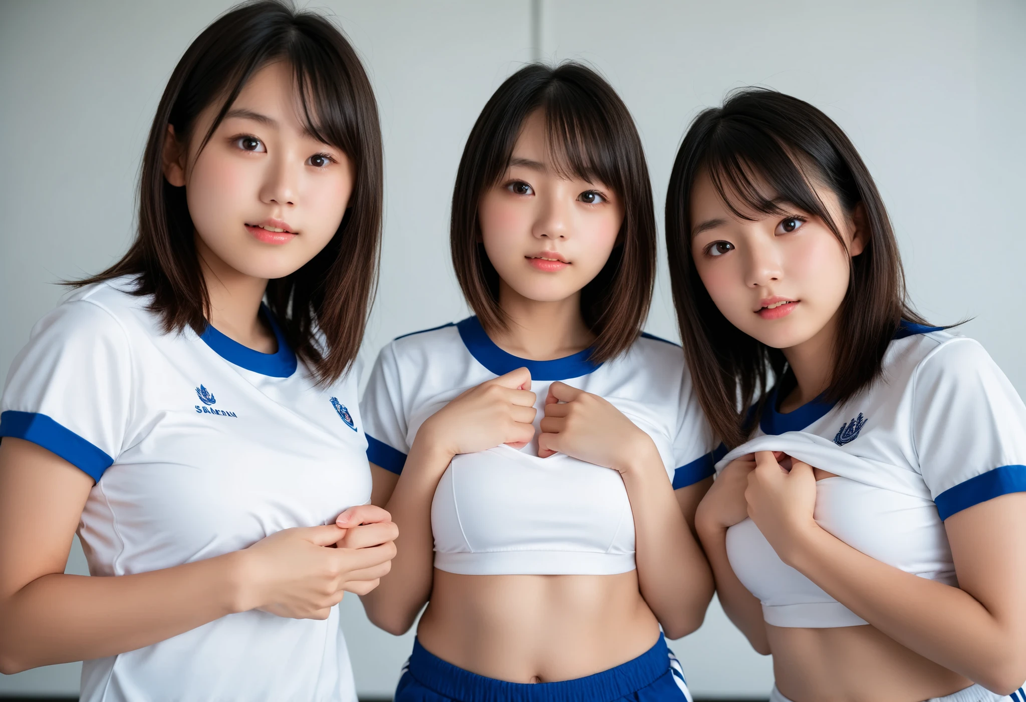 all place their hands on their , score_9, score_8_up, score_7_up, Rating_blatant, masterpiece, best quality, (hyperrealistic, PHOTOREALISTIC:1.2), super high resolution, Real Skin, cowboy shot, 
BREAK straight on with  lined up perfect for viewers, 3girls, Continuous sanding, white gym clothes, Short sleeve, pulls up clothes, Short sleeve, clothes pulled up, bras lined up with perfect  for the viewer, (Everyone is completely putting their hands on their ), HI-CUT NAVY BLOOMA, It shows a perfect expression while being very impressed by viewers,  two kids in the school gym , 
BREAK (very cute face, Japanese face:1.2), Idolface, perfect ,