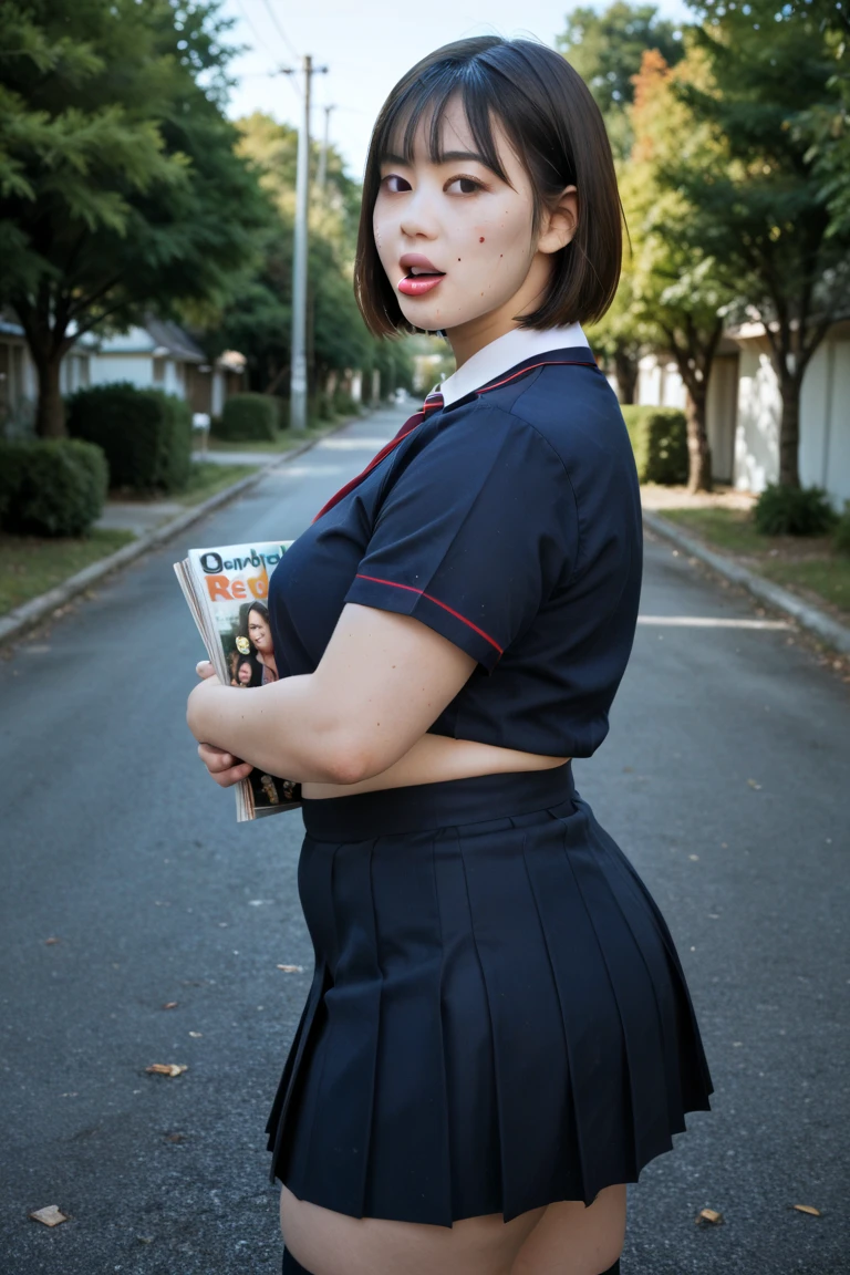 no, ภาพถ่าย RAW 8k, best quality, Masterpiece, Ultra high resolution, เนื้อfilm, film, 1 girl, look at viewer, เนื้อผิวisธรรมชาติ, Realistic eye and facial details, full lips, lipstick, (put on makeup), red eyeshadow, short fluffy hair, messy hair, smile, gag, beautiful leg, tall woman, thin, thin_leg, alone, enormous breast, rift, Pose with your butt facing you., ultra short skirt, is, shirt, Beautiful natural places, Around the flower location, (Detailed background), plaid skirt, white shirt, enormous breast, rift, Show a little rift through the shirt, รองเท้าnoมีส้น, Blurry background, Blurry, Holding, plaid, short sleeve, JK Ribbon on the neck, JK Ribbon, ผมสีwaterตาล, bracelet, water, smooth, , decorations, parted lips, lips, from the side, pleated skirt, depth of field