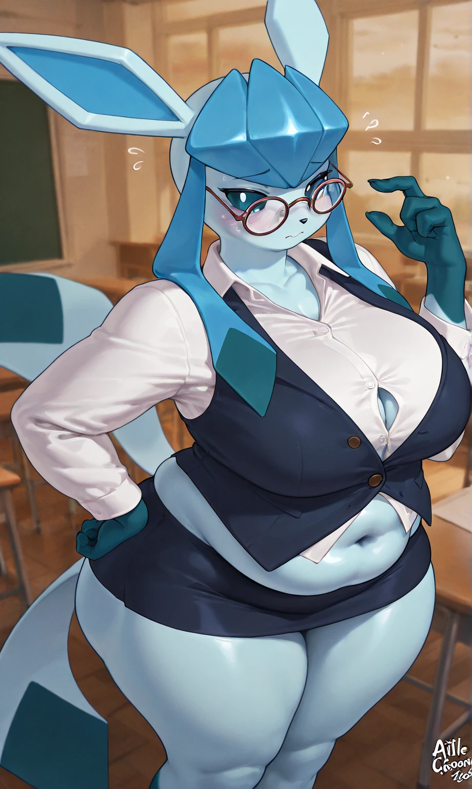 (By kilinah), (by JTVeemo), best quality, long layered vibrant cyan braided hair going around and over her shoulder, green tie around her neck, splatoon female, thicc and sexy body, makeup, round ears, tan undersized school outfit clenching her skin, boob window in her tan school uniform and darker cyan tie, big breasts and massive nipples outlined in her shirt, eyes half closed, pulling her shirt under her breasts, blue choker, slutty woman, looking at the viewer, jewelry, half-closed eyes, sexy smirk, fat butt and big thighs, long braided hair, inside a school classroom by the window, taking off her shirt, bending over towards the viewer, tan eyes, detailed eyes, 3DMM, innocent face