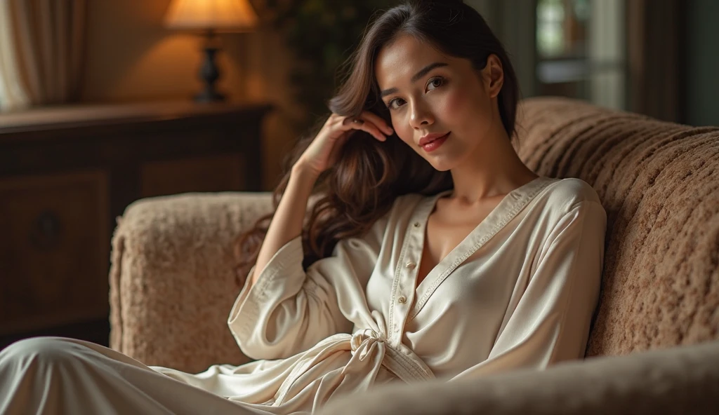 Female supermodel. Green Kimono. Bamboo. White floor cushions. Soft lighting. Living room. Close-up.