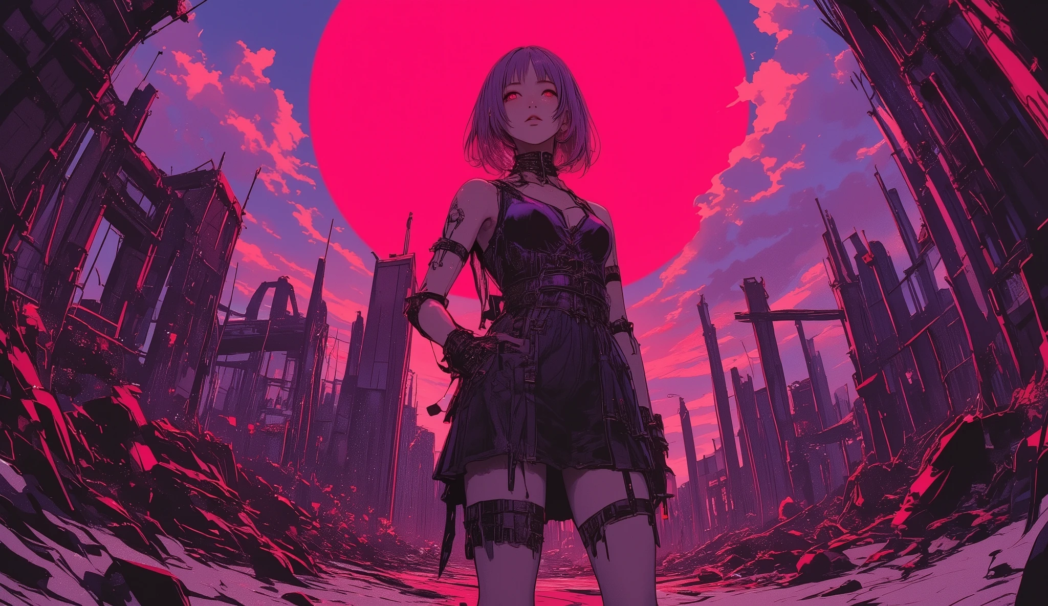 Fisheye Wide Angle     ,  one sexy girl showing off her legs  , Stance、 wearing a sexy dress 、 Put your hand in your pocket 、The expression and outfit are  、Bold Makeup and Accessories. Shadows at your feet、  High Angle and Strong Fisheye Perspective ,  The background is ruins、 anatomically accurate、　Very Shorthair　pink flame　purple scenery　　Red Flame
