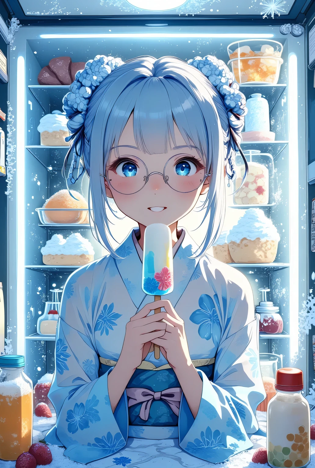 anime-style, mid-shot, 1female, snow maiden with pale blue hair and translucent icy kimono, sitting inside an open glowing freezer filled with frost and cold mist, happily eating a colorful popsicle, cheeks slightly puffed with cold delight, round glasses slightly frosted, surrounded by neatly arranged frozen treats and ice packs, soft bluish lighting from inside the freezer, content and smug expression, background outside the freezer shows blazing sunlight and melting surroundings, strong contrast between icy interior and scorching summer heat, whimsical and cozy mood, highly detailed, masterpiece, best quality