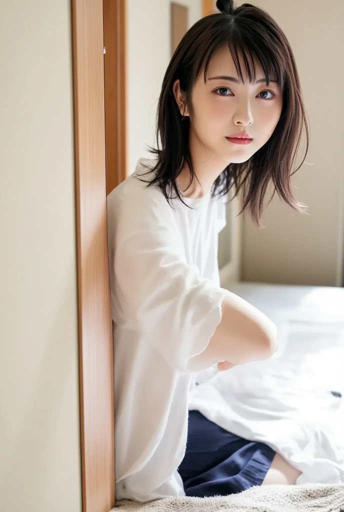 An ultra-high picture quality、Perfect Photo、japanes、16-year-old beautiful girl in Japan、huge window、1 person wearing a T-shirt、1 person wearing a polo shirt、JINS、Sleepy look、Lace curtains、dim room、sit on sofa、2 girls in&#39;Not similar..、one person has long hair、One person has short bob hair、Open mouth slightly、Looking into the distance、
