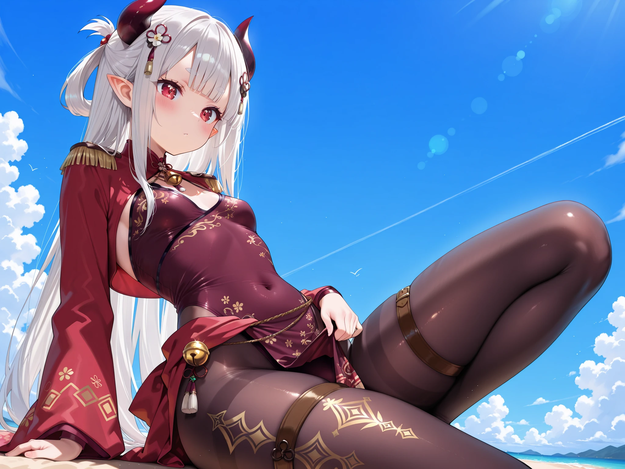 solo,masterpiece,best quality, amazing quality, highres, absurdres, very aesthetic, high resolution, ultra detailed, perfect details,(masterpiece, detailed:1.2),nijinaraka,small breasts,red eyes,diamond-shaped pupils,symbol pupils,short eyebrows,grey hair,white hair,pointy ears,demon horns,long hair,hair rings,blunt bangs,hair ornament,nijinarakacos,black dress,print dress,leotard under clothes,pelvic curtain,red shrug\(clothing\),red jacket,crop top jacket,epaulettes,red sleeves,saggy sleeves,print sleeves,long sleeves,wide sleeves,ornament around waist,thigh band,jingle bell,black pantyhose,print pantyhose,