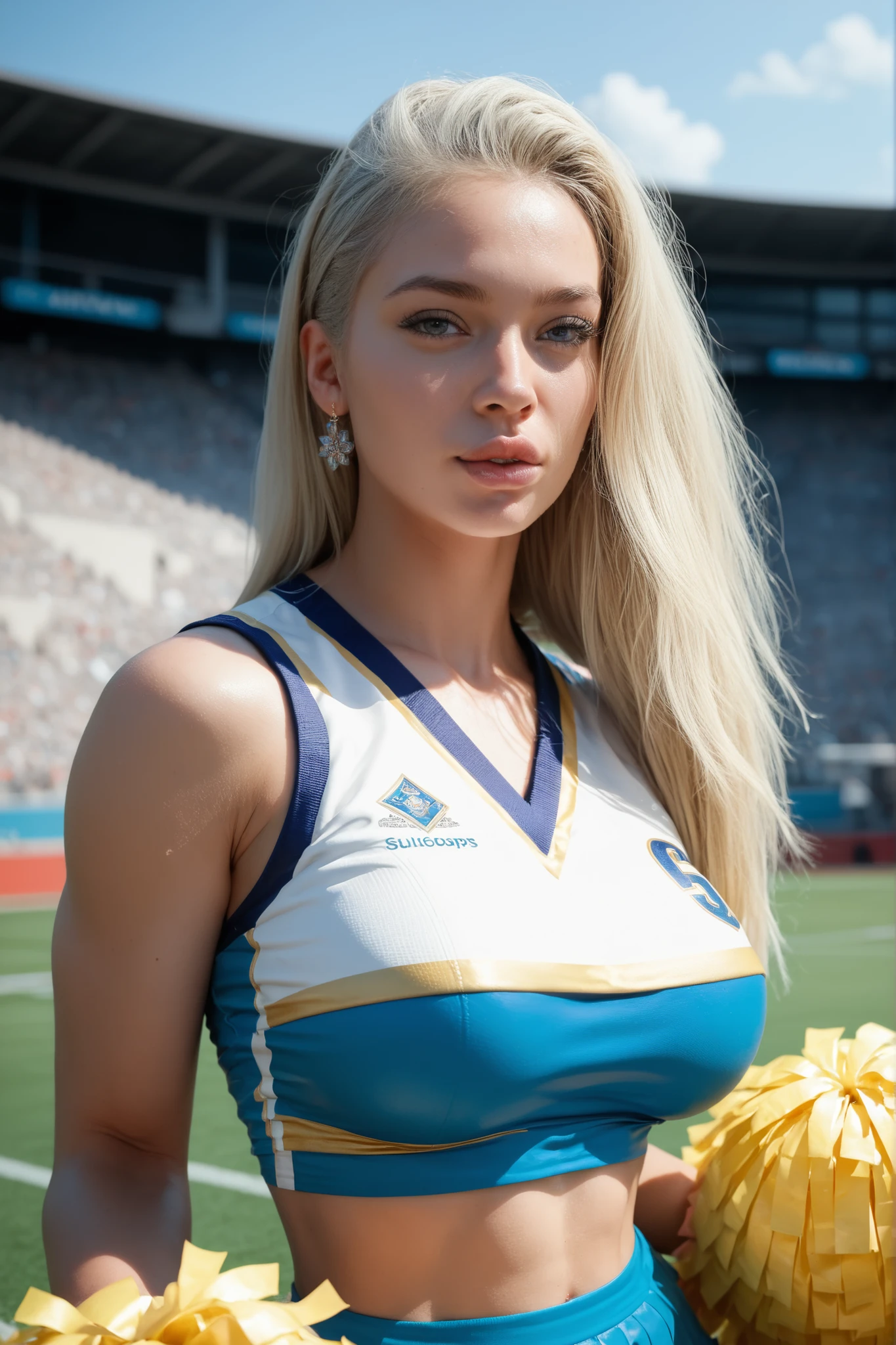 A full body Foto of a Woman going to a american football game, having fun, Happy, sexy American Football Jersey and mini shorts:1.2, Kleidung, Klamotten tragen, (Ultradetailliert, 8 TAUSEND, Sehr detailliert, Ultrarealistisch, Foto, Foto realistic, Meisterwerk, Sharpe, hyperrealistisch, detaillierte blaue Augen, langes blondes Haar, big bust) ((skin Textur, Textur, realistic skin Textur, Hohe Hautdetails))