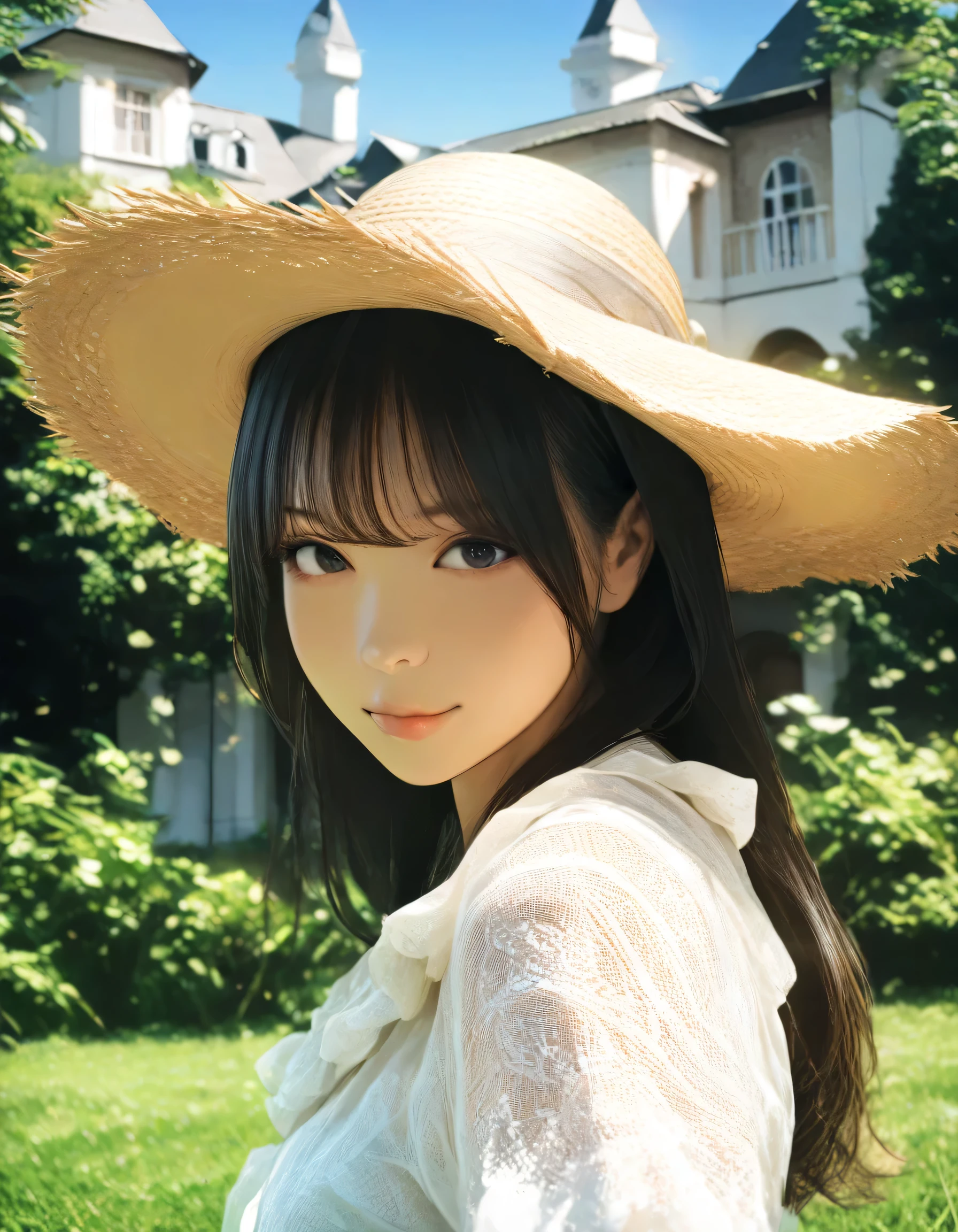 1girl, Kindaichi Kosuke Files, year 2019, upper body, mystery, summer, mansion, blouse, masterpiece, high score, great score, absurdres, 16k, Ultra detailed, (photorealistic : 0.5)