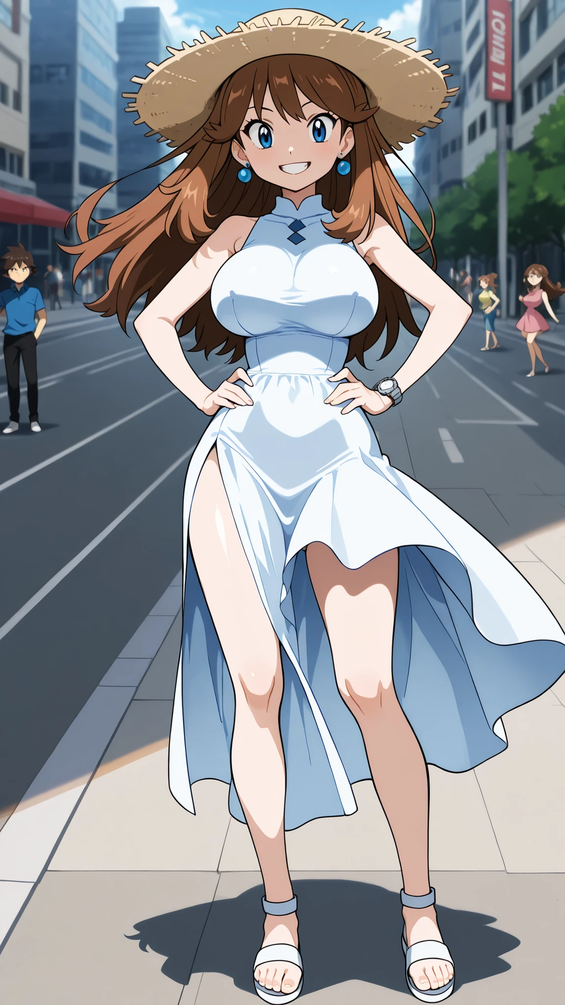 adult older sister, Tall, big boobs, jam one's hands on one's hips, bare hands, White sleeveless long dress, White Sandals, Straw Hat, ((top quality)), ((masterpiece)), ((details)), standing, 1girl, two legs, two arms, orange brown hair color, long hair, blue eyes, anime coloring book, 1 woman, Age 18, A determined smile, teeth, Watch viewers, Sexy Design Characters, slim sexy body that can be licked by mobs, blue earrings, Three idiot hairs , bangs, Full Body, City, Sidewalk, (\Pokémon\), score_9, score_8_excellent, score_7_excellent, score_6_excellent, Source_anime, cel shading, gradation background, vector,