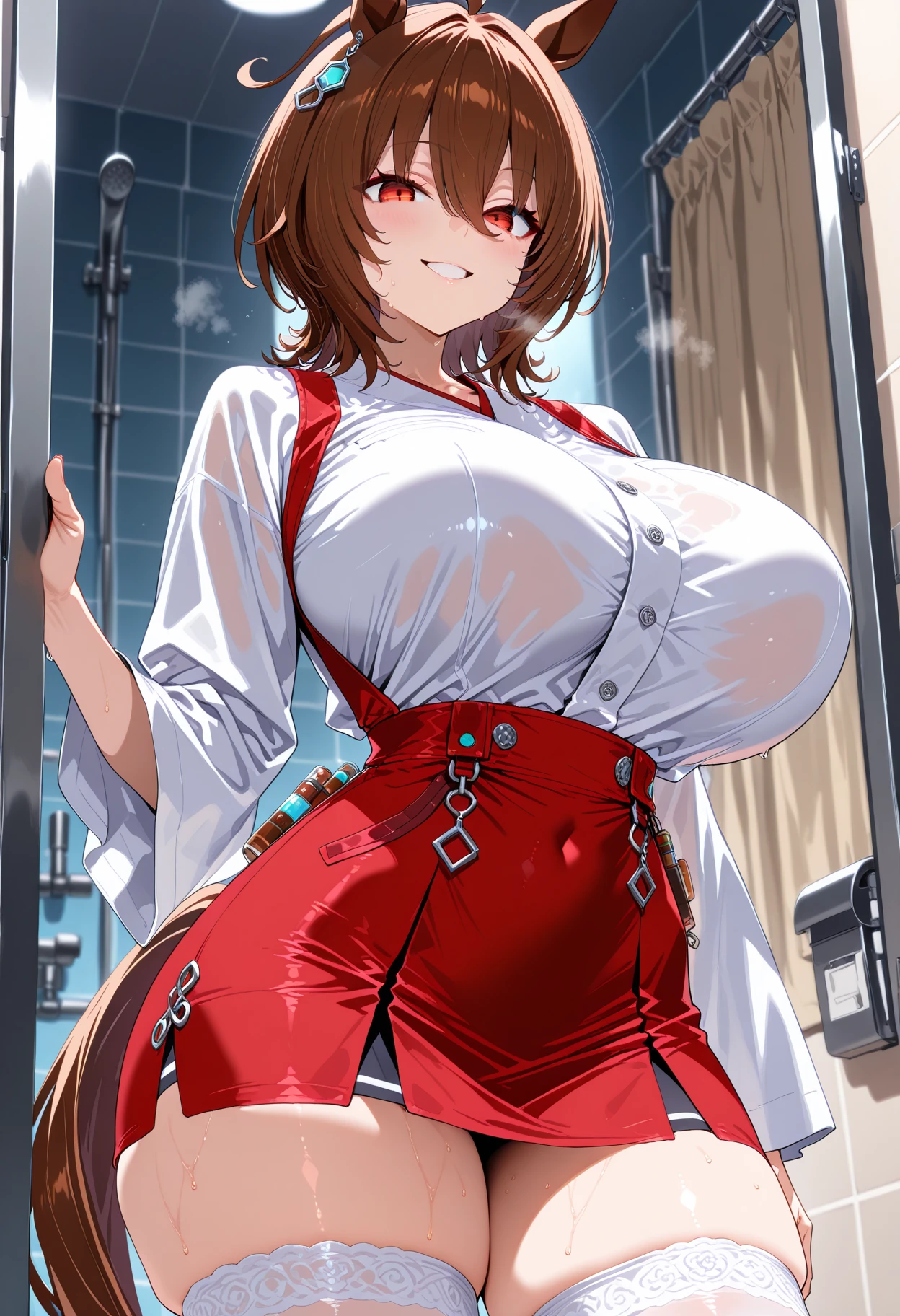 18 year old girl,baby face,brown hair,Wavy Hair,Zhangzui smile,Huge breasts,Cleavage,Transparent red sleeveless top,Leave space in the middle to reveal Cleavage,Soaked all over,blush,Red eyes,female spy,red miniskirt,White gloves,White hand sleeves,White boots,Science fiction,future,Inside the robot warehouse,robot driver,He has a pistol hanging from his waist,Lipstick,Nipple exposure,Metal belt around waist