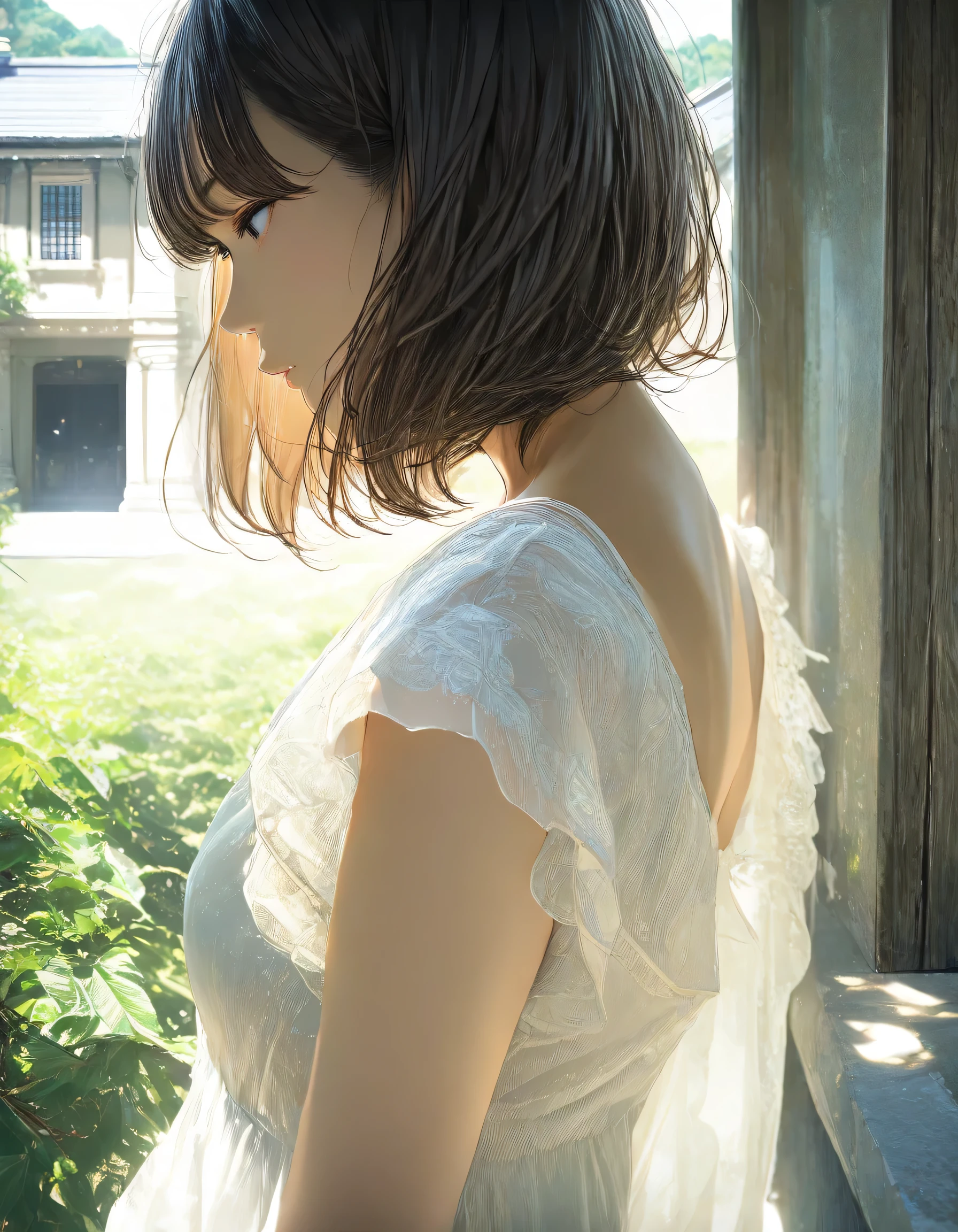 1girl, Kindaichi Kosuke Files, year 2019, upper body, mystery, summer, mansion, blouse, masterpiece, high score, great score, absurdres, 16k, Ultra detailed, (photorealistic : 0.5)