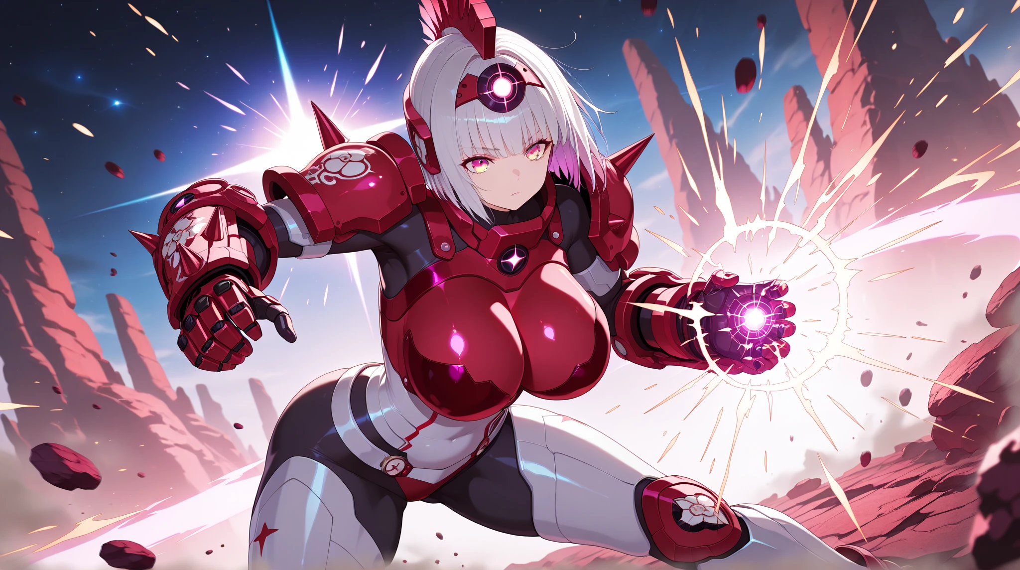(masterpiece:1.2,Highest quality,Highest quality,High resolution,Very detailed),8k,1 female,Mature female heroine,((Female Kamen Rider)),(dynamic fighting pose:1.5),(Dynamic hair movement:1.2),(short hair),(Kamen Rider Helmet:1.3),(Shiny Kamen Rider Suit:1.3),(Glowing Skin,Big eyes,Droopy eyes,Long eyelashes,Beautiful thighs,Beautiful Hair,Beautiful Face,Beautiful Eyes,Beautiful body,Beautiful breasts,Beautiful feet,Beautiful fingers,Muscular,Voluptuous),((hands)),((Rider Punch:1.5)),(Serious),(The background is Prism Flash),((Beautiful trading cards,Gold Card)),((KuugaUltimater))