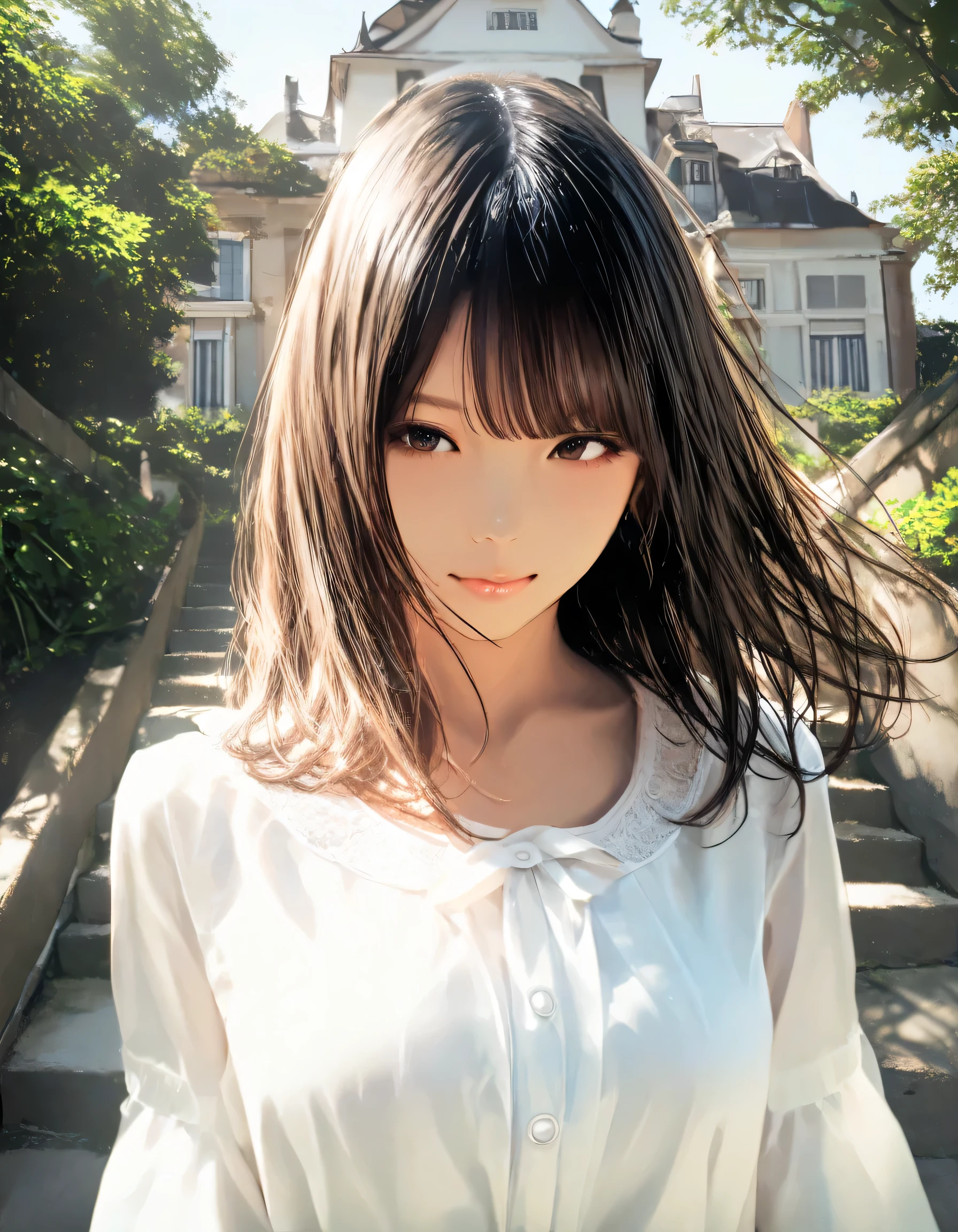 1girl, Kindaichi Kosuke Files, year 2019, upper body, mystery, summer, mansion, blouse, masterpiece, high score, great score, absurdres, 16k, Ultra detailed, (photorealistic : 0.5)