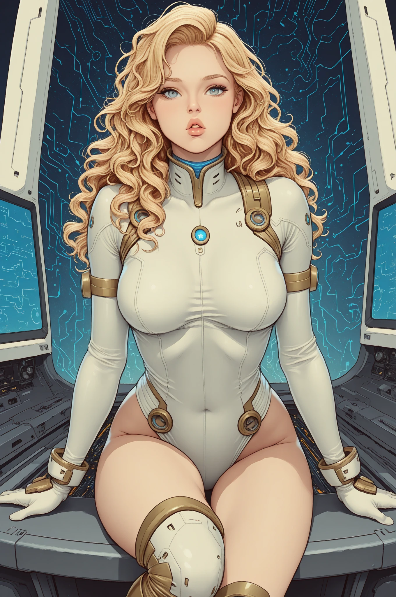 highly insanely detailed, masterpiece, top quality, best quality, highres, 4k, 8k, RAW photo, (1girl),Bethsteele, blond hair,long hair, floating hair, makeup, green eyes,
comic style, lineart,
breasts, science fiction, spacecraft, completely nude, barefoot,sitting,
<lora:BethSteele_v01-000003:0.70>