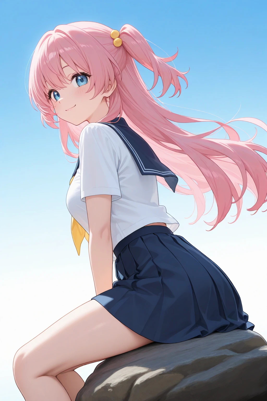 The image is an illustration of a young woman with long purple hair and glasses. She is wearing a white school uniform with gold accents and black tights. The woman is in mid-air, with her left leg extended upwards and her right leg bent at the knee. She has a serious expression on her face and her hand is resting on her chin. The background is a blue sky with white clouds. 