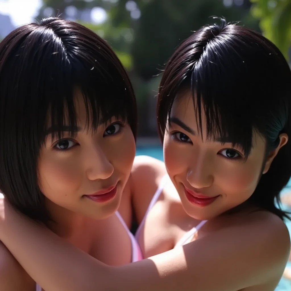 Embrace each other2人のJapaneseの女の子、White tank top、Big Breasts、Tanned dark skin、One is shorthair、Black choker、Japanese、Emphasize the chest、Wet clothes、Wet Hair、Wet body、Water Drop、Nipples