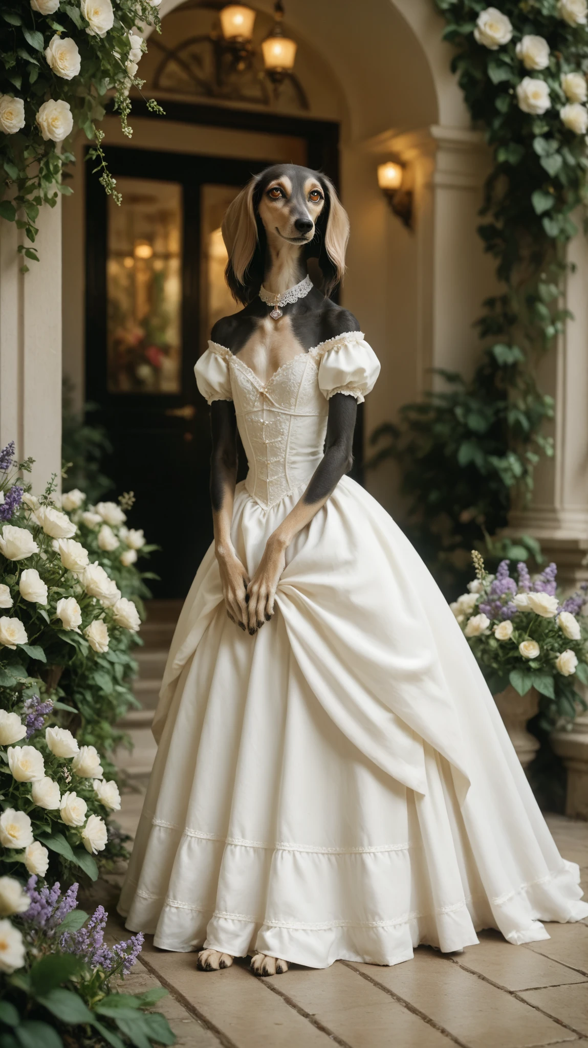 happy girl standing in a white dress. Set against an Victorian backdrop that is covered in flowers. saluki, greyhound, borzoi, sighthound, beautiful eyes, golden eyes, paws, (black fur), flat chest