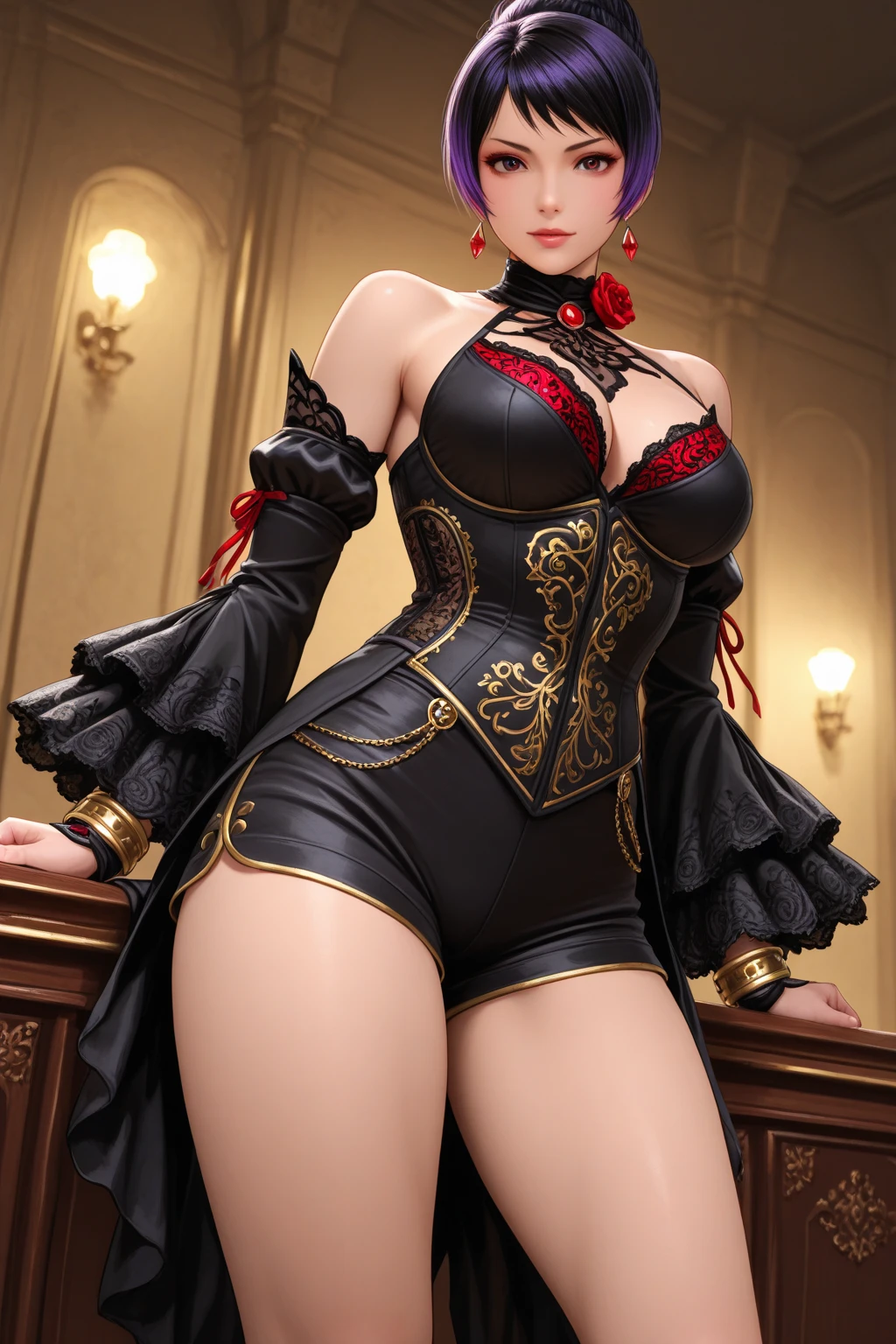 1 girl,BREAK (Royal:1.4), (red and black theme:1.5), ((red) bucket hat with rose corsage:1.4), (fusion of black high neck crop top and latex (red bustier):1.4), ((floral lace, see-through):1.3), ((sleeveless, bare shoulders):1.3), (red tiered skirt with black ruffles:1.4), ((ultra long gloves) with floral lace:1.3), (wrap a (cat garter) around thighs:1.4), outdoor,elegant,nighttime,moonlighe,shiny skin,( huge breasts), lip gloss,tattoos, masterpiece, best quality, realistic ,Surrealism,natural colors art in 8k,soft shadows,High-definition RAW color photos professional portrait photos,solo, elise,