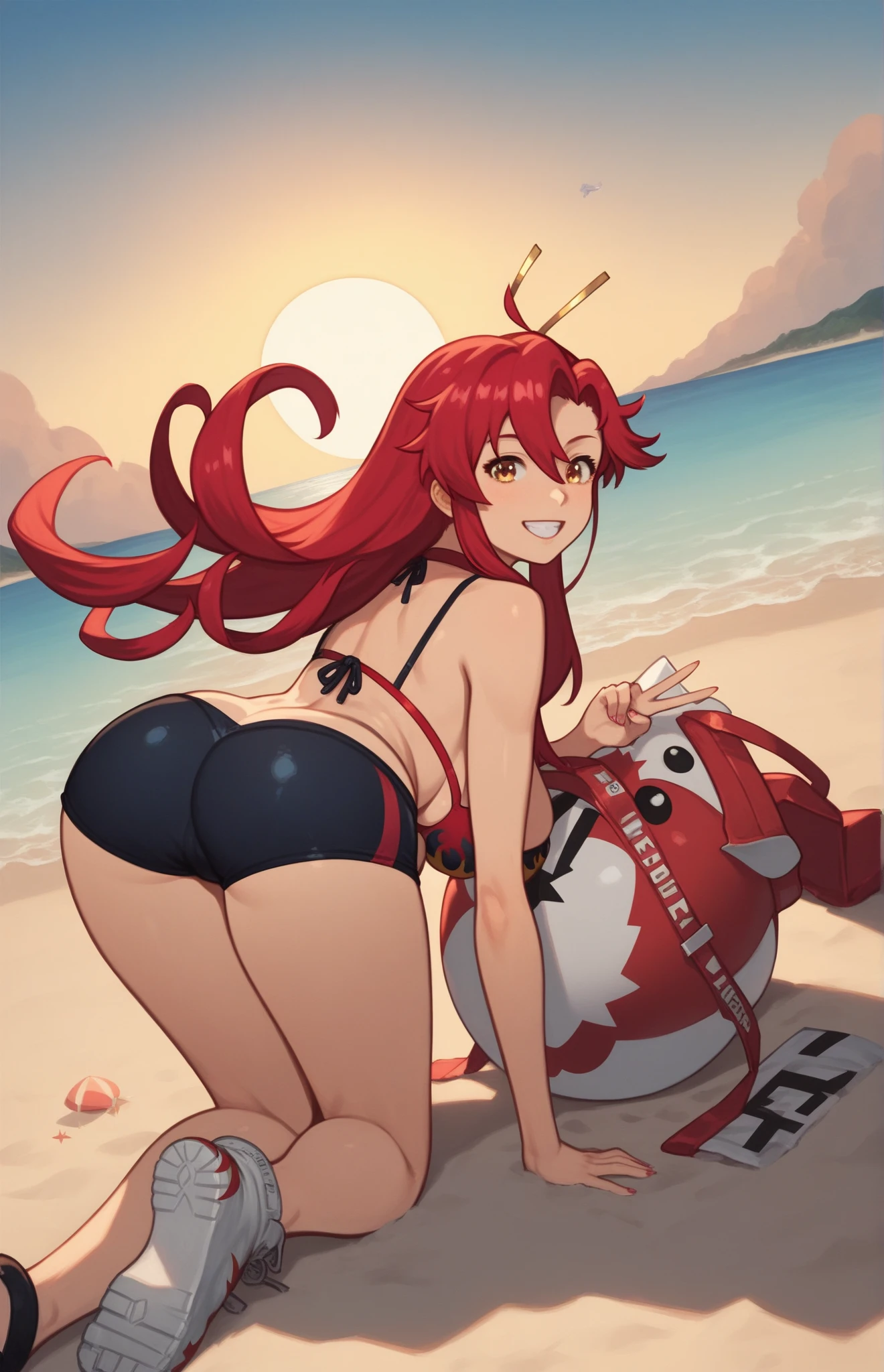 masterpiece、highest quality、big tits milf、big  milf、Pokémon、Team Magma、volcanoes、lava、desert、dry world、Team Magma下っ端、Groudon、dry up the sea water、Aim to increase land area、Small devil、devil&#39;s wings、devil&#39;s tail、devil&#39;s horns、pkmntmg、fake horns、hoodie、Red shorts、gloves、red boots、From the side、sitting、grin、look at viewer、big breasts