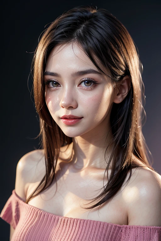 Spotlight on stage,close-up of face,One woman,fully body photo,masutepiece, The highest image quality, High quality, the background is clear，Beautiful woman, Japanese, Detailed, Detailed eyes, Detailed skin, Beautiful skin, 超hight resolution, (reality: 1.4),Very beautiful woman, Slightly younger face, Beautiful skin, slender, (Ultra photo realsisim), (hight resolution), (8K), (Very detailed) (beautifully detailed eyes), (super detailed),   (Detailed face), view the viewer, Fine details, Detailed face, Staring straight ahead, Staring straight ahead, photos realistic, Bright lighting, Professional Lighting, Black hair,poneyTail,a baby face,sixteen years old,Hairstyle is ponytail,long ponytail hairstyle,slight smile,Orange colored long dress with lots of ruffles, softly shaped skirt,