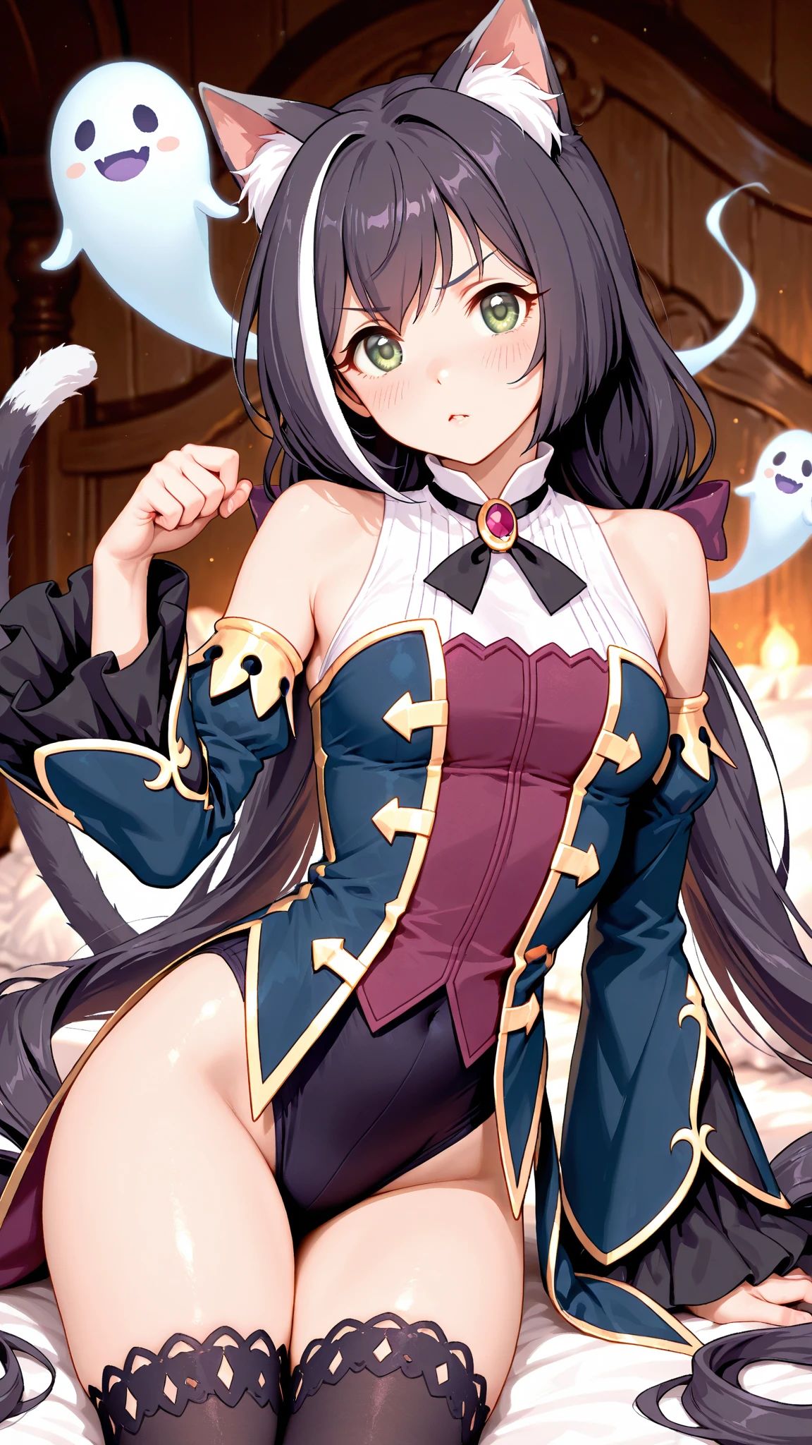 Score_9, Score_8_up, Score_7_up, Score_6_up, Score_5_up, Score_4_up, source_anime, 1girl, karyl, animal ear fluff, animal ears, black hair, black ribbon, cat ears, cat girl, cat tail, fang, green eyes, hair bow, long hair, low twintails, multicolored hair, purple bow, ribbon, skin fang, streaked hair, tail, twintails, vertical stripes, white hair, standing, pussy juice