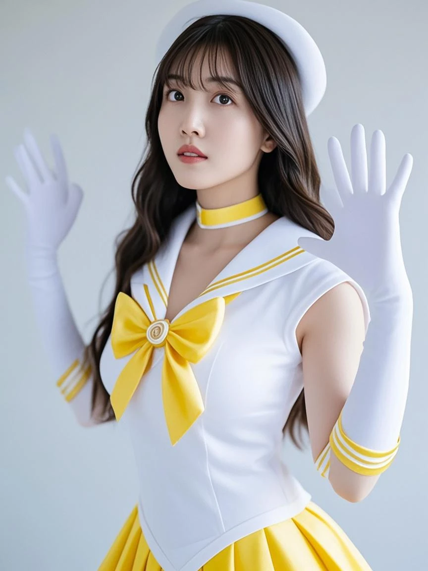 ((((highest quality))))、(((Ultra-precision CG16K wallpaper)))、(((masterpiece)))、(((Super detailed)))、(((super extreme details)))、1people's women、mature woman、25 year old woman、((Japanese face))、((very beautiful face))、((Minami Tanaka:1.5))、((straight semi-long hair:1.3))、(shiny hair)、bangs up to eyebrows、beautiful brown hair、beautiful delicate eyes、brown eyes、raised eyebrows、high nose、small nostrils、small mouth、seductive lips、mouth slightly open、beautiful breasts、C cup size breasts、cleavage、plump body、perfect proportions、perfect anatomy、perfect composition、beautiful detailed shading、beautiful natural lighting、beautiful detail glow、Depth of bounds written、(((High chroma)))、(((real:1.9)))、((vivid:1.4))、((beautiful skin))、((skin texture))、((realな皮膚感))、(((cowboy shot:1.5)))、((Angle seen from the front:1.5))、((smile:1.4))、(Eyes looking at me:1.5)、bright sunshine、(((In front of the white wall:1.3)))、(standing pose:1.5)、(((sexy pink sailor suit fashion:1.5)))、