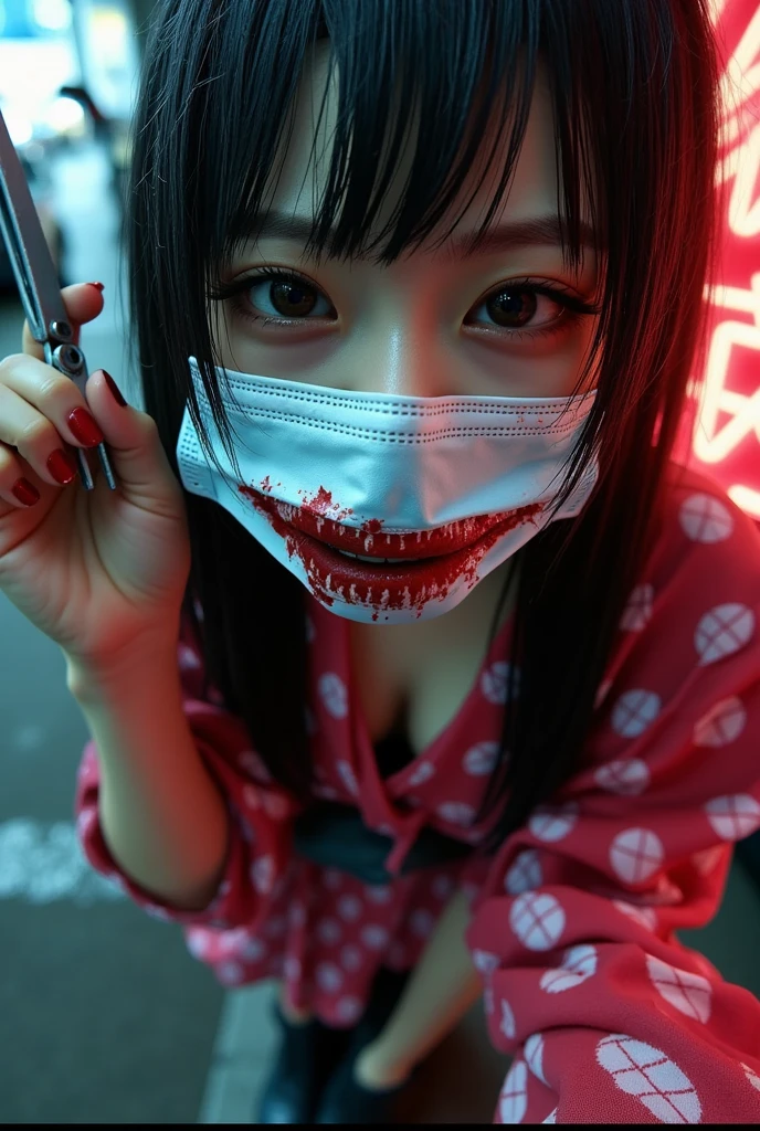 A teenager girl, (cyber style mask), ((killer)), ((holding a bloodstained baseball bat)), high detail, 4K, wallpaper, ((realistic style))