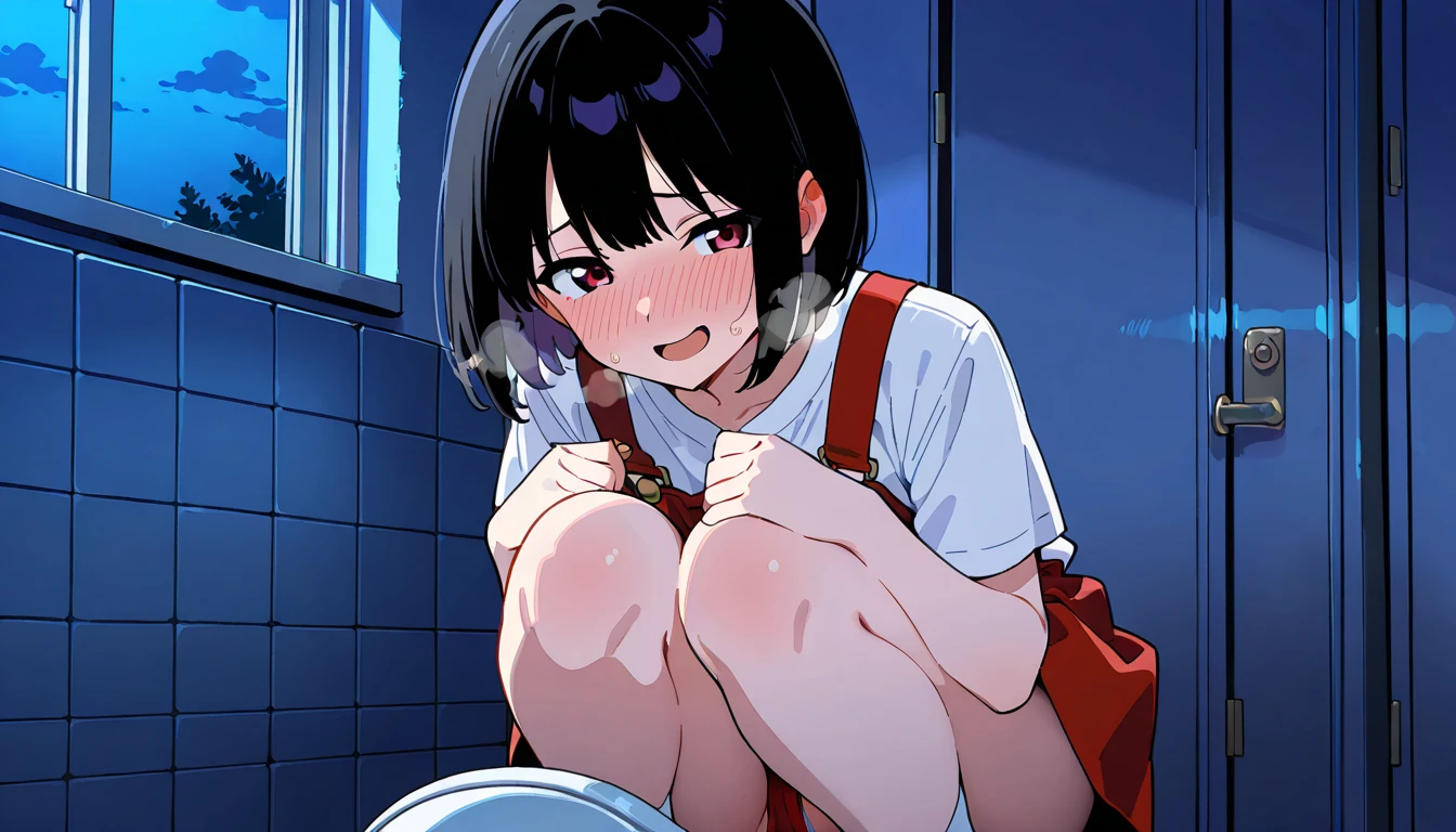 1.woman smiling pleasure blushing small breasts short hair nude examination nipples legs wide open black hair squatting barefoot hospital front view (Pee vigorously:1.2) Peeing into a small cup, bottom view, white steam