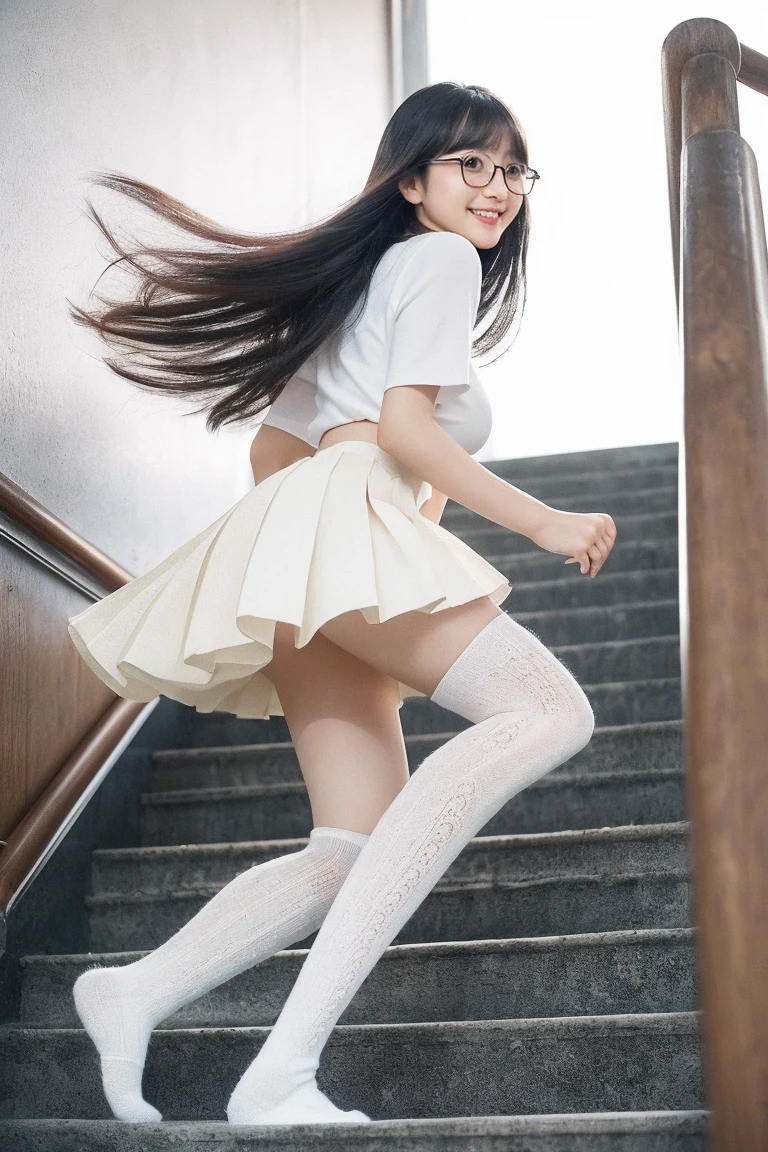 mix4, silk stockings, (8k, RAW photos, top quality, masterpiece: 1.2), (realistic, photorealistic: 1.37), cute, professional lighting, photon mapping, physically based rendering, beautiful style of full figure, one girl, large ??????, (big: 1.5), smiling at viewer, full body, standing shoulder-width apart legs open, rooftop, uniform, schoolgirl, Japan person, white underwear, cosplay, micro mini skirt, strong wind, skirt twisted, blow-up skirt, gust of wind from under her legs to the sky, skirt rolled up, (grabbing skirt with both hands), (hands in front of chest), skirt lifted up, (skirt lifted up), panties visible in detail, low angle, knee level