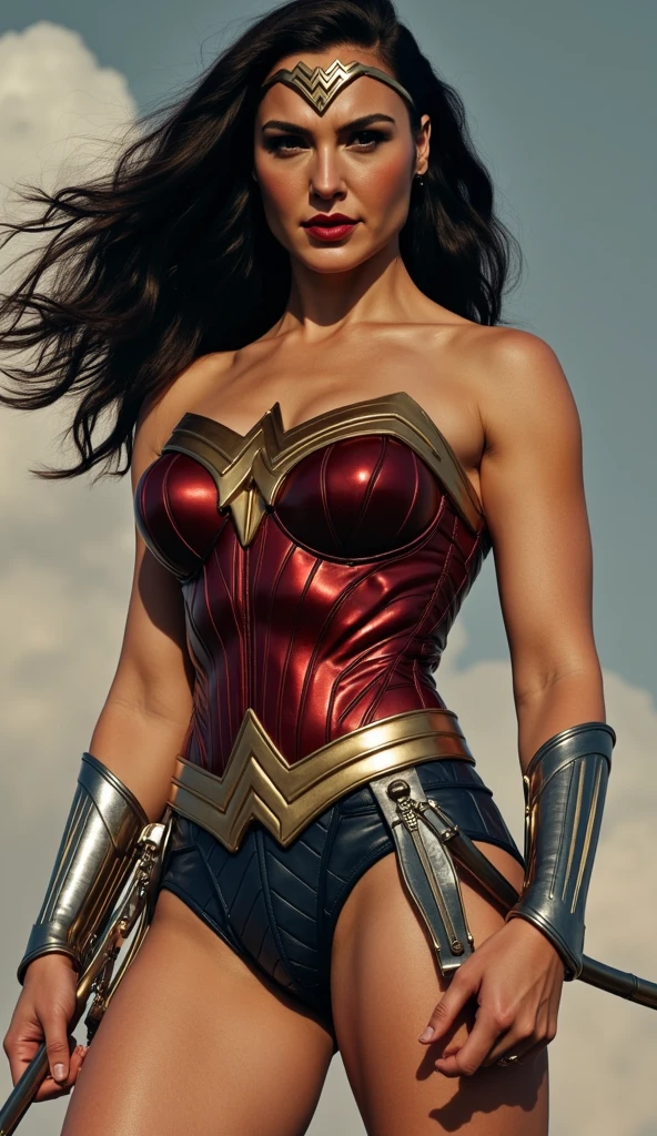 Art image of (Scarlett Johansonn) as Wonder Woman, busty, beautiful, black hair, large breasts, ancient Athens background, by Louis Royo, Boris Vallejo, Frank Frazetta, extreme focus, sharp details, sexy, oily skin, sexy, naughty, sexy pose