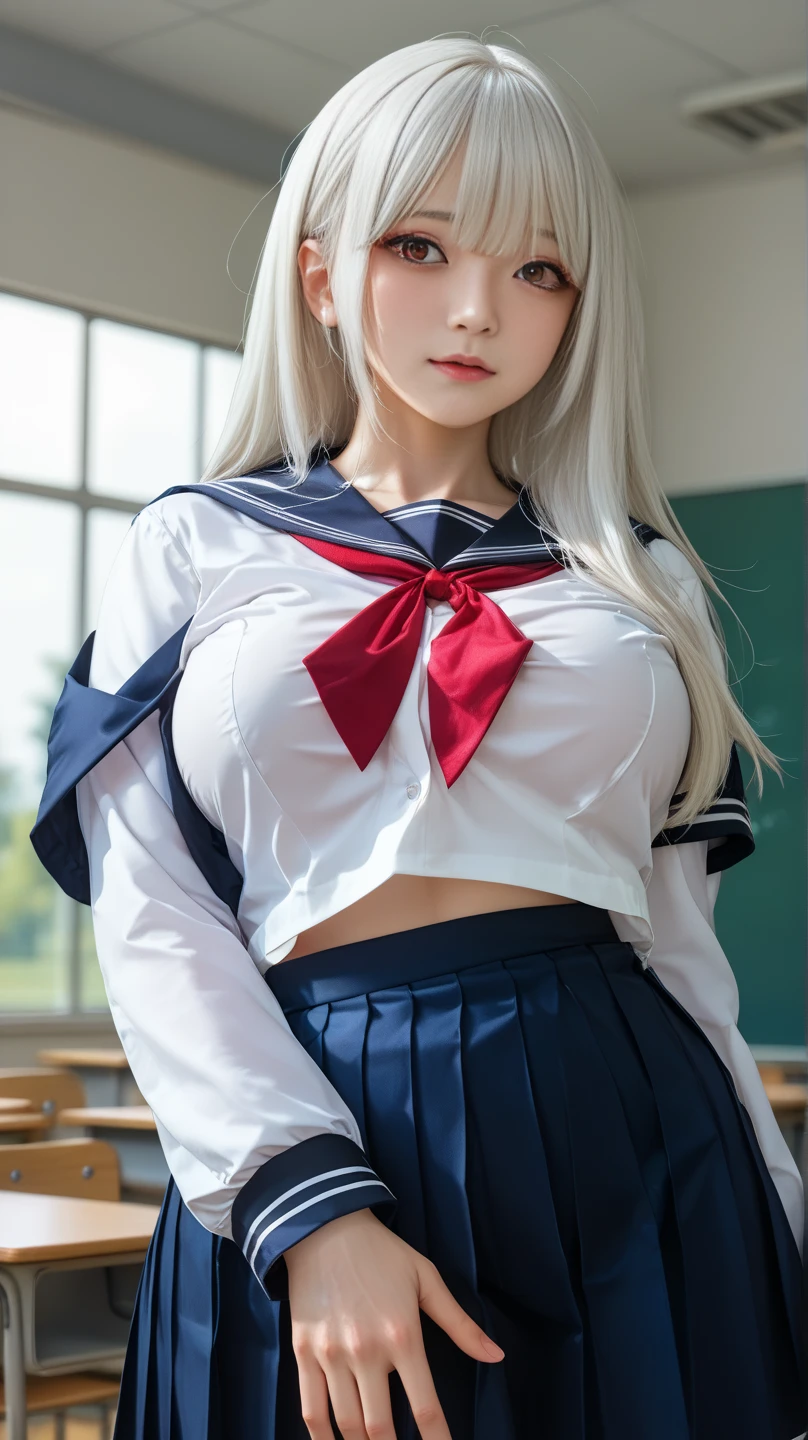 ((Korean beatiful girl:1.3)) ((school uniforms:1.4)) ((panty shot:1.5)) ((high school)),((dark blue skirt:1.3)) ((in the class room:1.3)) ((thin_fabric:1.4)) ((random sexy pose:1.3)) ((sweaty:1.5))((face is flushed:1.4)) ((big breasts:1.5)) ((close-up:1.2)) best quality,masterpiece,ultra high res,(photorealistic:1.4),raw photo,(Authentic skin texture:1.3),(film grain:1.3),panorama,character portrait,very wide shot,narrow waist,cowboy shot,(in the dark, deep shadow, low key, cold light,) night,(()),streaming tears,,dust,Tyndall effect,(expression),1girl,beautiful detailed eyes and face,white jabot,red eyes,((White hair:1.4)) ((full body:1.3)) ((smile:1.3))