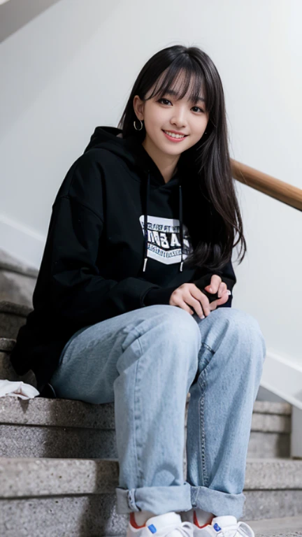 highest quality, Realistic, Very detailed, Finer details, High resolution, 8k wallpaper, One beautiful woman,Sit on the stairs、(Wear black socks)smile、(Beautiful teeth alignment、)(Gums are visible) Oversized hoodie, Skinny jeans,( Black sneakers)、Black Hair、 Beautiful Bangs、ear piercing、Perfect dynamic composition, Beautiful and detailed, Full Body Shot, A big smile