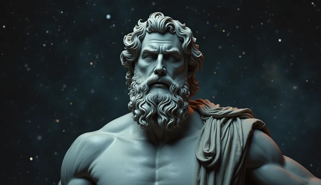 A realistic Greek white marble statue of Aristotle, brawny, brave and scary, detailed wearing a ghostly toga, neutral background, temperamental, , photorrealistic, super detailed, hyper realist, dark galaxy background, , close up serious face against background of intense bright galaxies, super realistic and visible, make the background closer without blur, equal to marble statue 