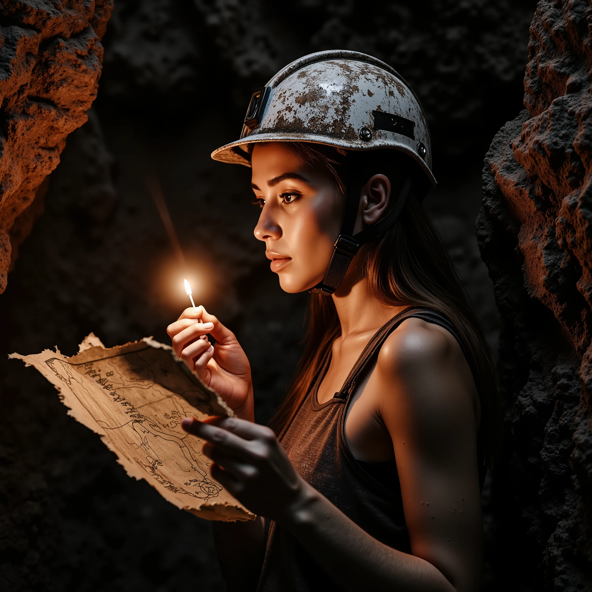 Ultra-realistic lateral super close-up of a beautiful woman inside a dark, underground mine. She is turned to the right, her face partially in profile, wearing a rugged protective helmet with chipped paint and grime, the side strap resting against her cheek. One hand holds a lit match close to her chest, casting a soft, flickering orange light that illuminates the edge of her jawline, lips, and eye, creating dramatic contrast and long shadows over the rest of her face. In her other hand, she holds a wrinkled, partially torn paper — resembling an old, hand-drawn map with cryptic symbols — carefully studied under the faint matchlight. Her eyes are narrowed, focused, with reflections of the flame dancing in them. The scene is steeped in cinematic noir atmosphere: high-contrast lighting, deep black background, textured rock surfaces emerging subtly in darkness, volumetric dust particles glowing in the air. The overall color palette is moody — amber highlights with desaturated earthy tones, layered shadows, and a cool undertone in the darkness. Shot in 8K, photorealistic detail, filmic grain, chiaroscuro composition, expressive, atmospheric tension.