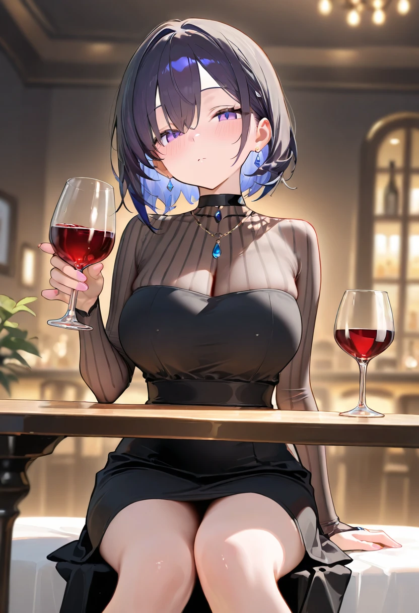 (Sad expression wife),A woman mature and sexy,Delicate face,Sitting at the bar with a glass of wine,A cautious expression,Black dress, (black hair),(Eyes with large blue irises,,(Large Breasts),Big buttocks,(5 feet tall)), Pop music (masterpiece, best quality:1.1),Detailed hands,Pop musicart style,