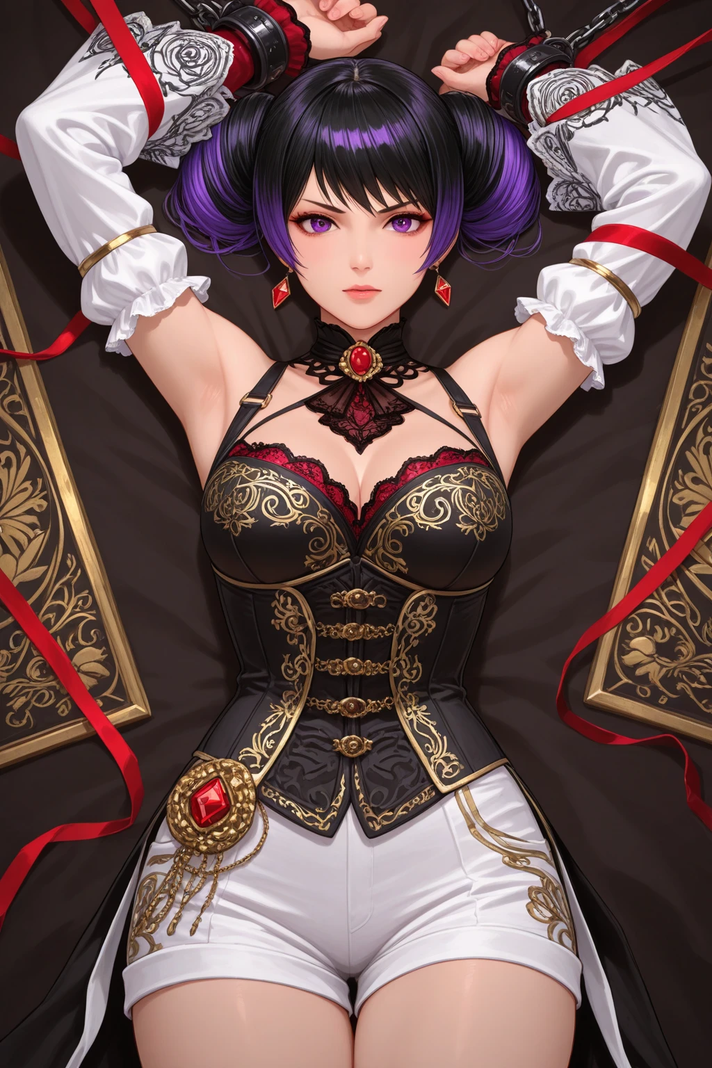 masterpiece, detailed, high quality, absurdres, eliza, 1girl, solo, lipstick, purple lips, cowboy shot, dress, skirt, zettai ryouiki, center opening, plunging neckline,