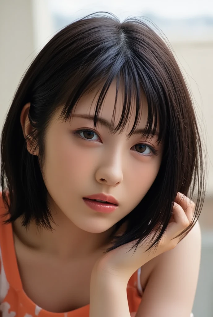 ((1 girl:1.4)), (Wearing a white tank top:1.4), ((Putting on makeup))、Looking at the camera、Beautiful Japanese Idols,((Close-up of face))、No underwear、(RAW Photos, Highest quality), (Realistic:1.3), (masterpiece), Very delicate and beautiful, Very detailed, 2k wallpaper, wonderful, finely, Very detailed CG Unity 8K 壁紙, Very detailed, High resolution, Soft Light, Beautiful detailed girl, Very detailed目と顔, Beautiful and sophisticated nose, Big beautiful eyes, Cinema Lighting, (Simple light color background:1.3),(Medium Hair), (Parted bangs), Complete Anatomy, Slender body,Small breasts, Sensual look