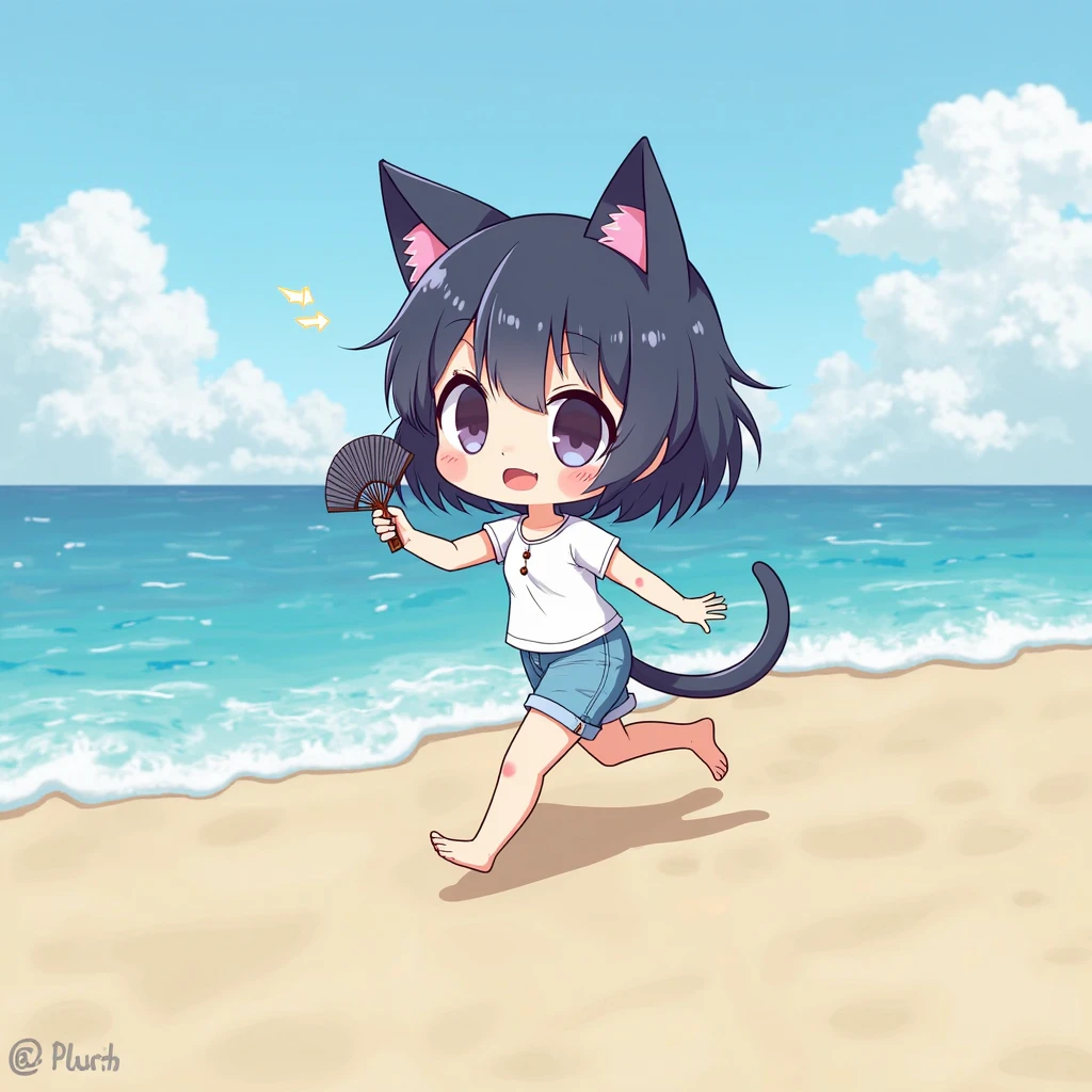 Cinematic, white cat, female, Long t-shirt, short panties, tired expression, wide hips, tall, small breasts, cleavage, furry, adorable, feminine, extremely detailed, captivating, full body, sitting in sand, on the beach, chibi