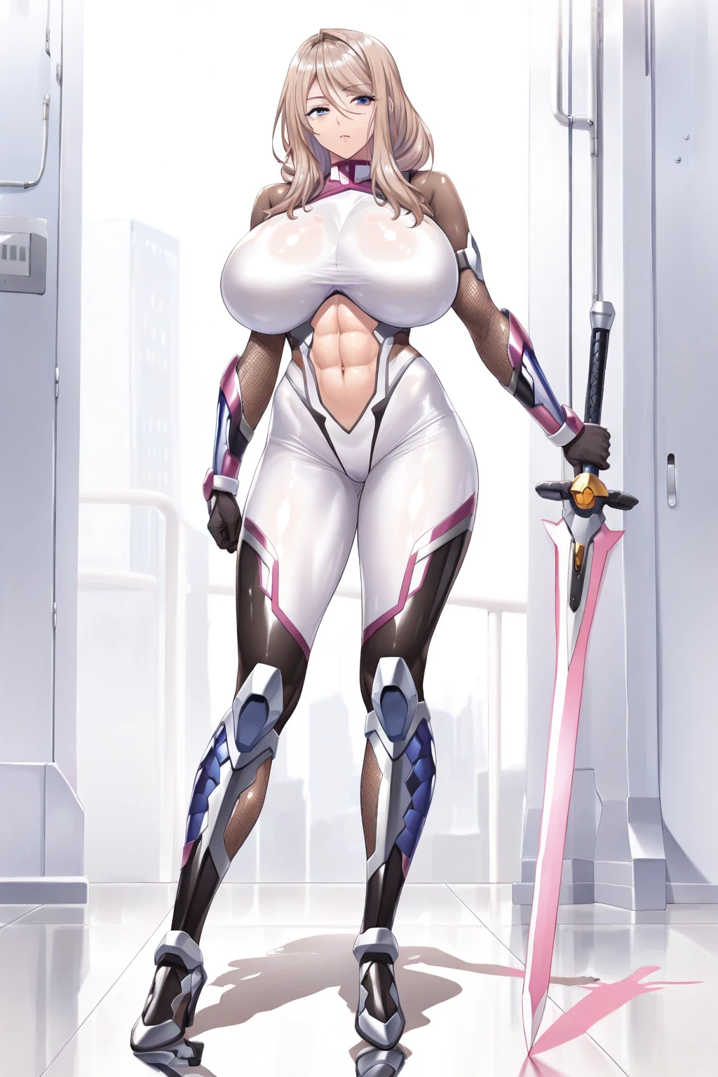 (masterpiece), best quality, expressive eyes, perfect face, (muscular:0.8), silver hair, (massive breast:1.1), (curvy:1.5), ((blank background)), ((full body framing)), (thick thighs:1.5), ((big legs:1.6)), 15 years old, tiny head, (pink bodysuit), female android, plugsuit, pilot suit, (very tall girl) , perky breast:1.3