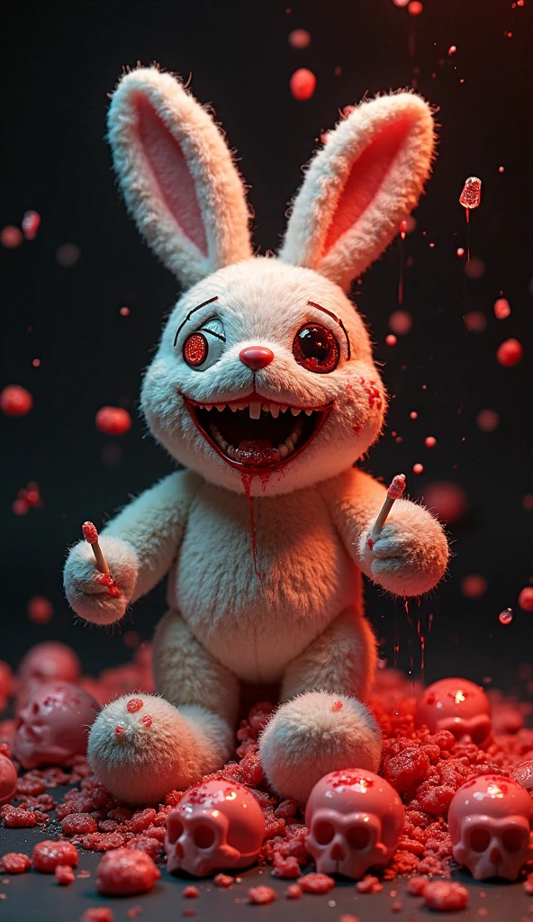 Create an image of a colorful plush rabbit, with button eyes and holding a knife, horror style 