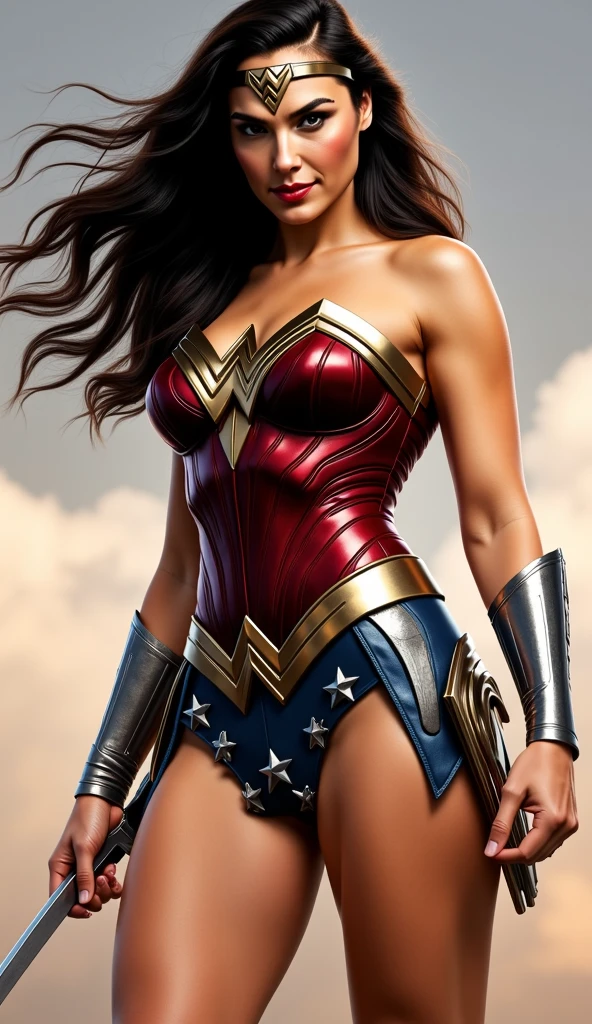 (Wonder Woman) with Iron Man style armor, beautiful face, gorgeous, incredibly attractive, palladium bodice, armored palladium female chest piece, platinum battle skirt, platinum shin guards, ((feet in view)), style of Marvel, thin, slim, athletic, small hips, small butt, ready for battle, shiny armor, palladium gauntlets, palladium tiara, realistic long wavy curly black hair, (entire subject is in view), (((shiny sheer transparent brown pantyhose))), smoky eyeshadow, long eyelashes, light pink lipstick, feminine, highly detailed, 4k, intense detail, masterpiece, UHD