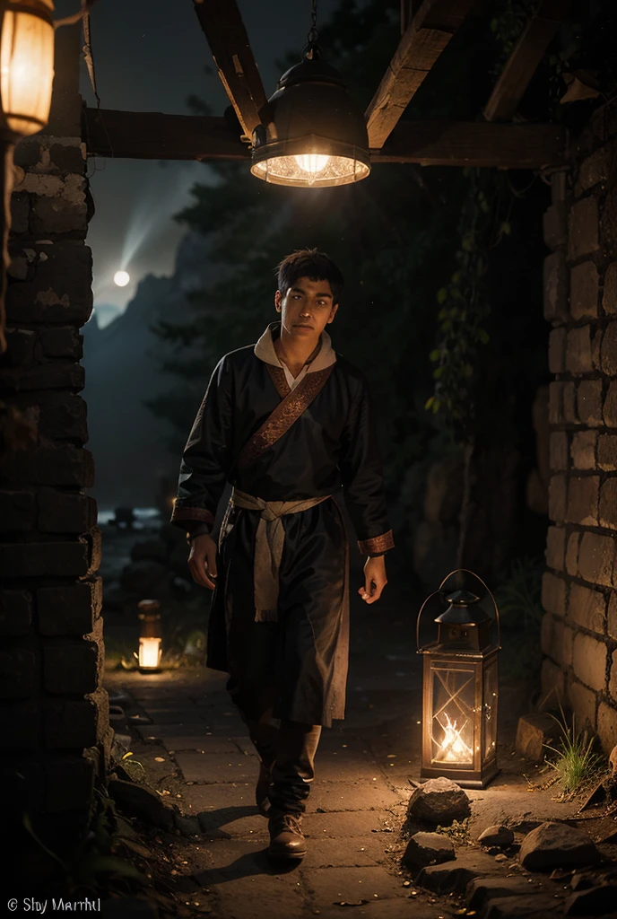 A young scholar in period clothing, visibly distraught, wanders through the forest. He holds a protective amulet in one hand and an ancient lantern in the other, its flickering light barely illuminating the path ahead. His face is etched with fear and exhaustion, while sinister shadows seem to stalk his every step. The forest around him is dense and oppressive, with the feeling that it is watching his every move.